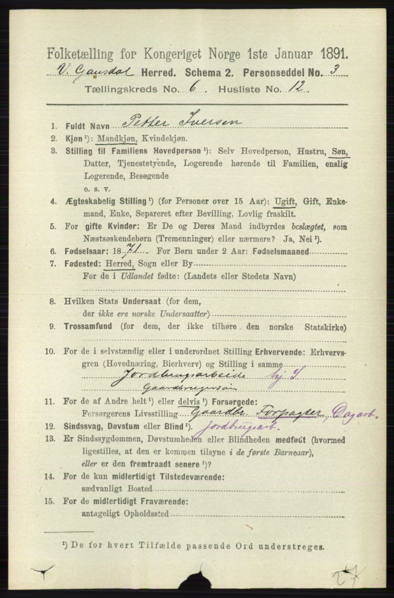 RA, 1891 census for 0523 Vestre Gausdal, 1891, p. 2632