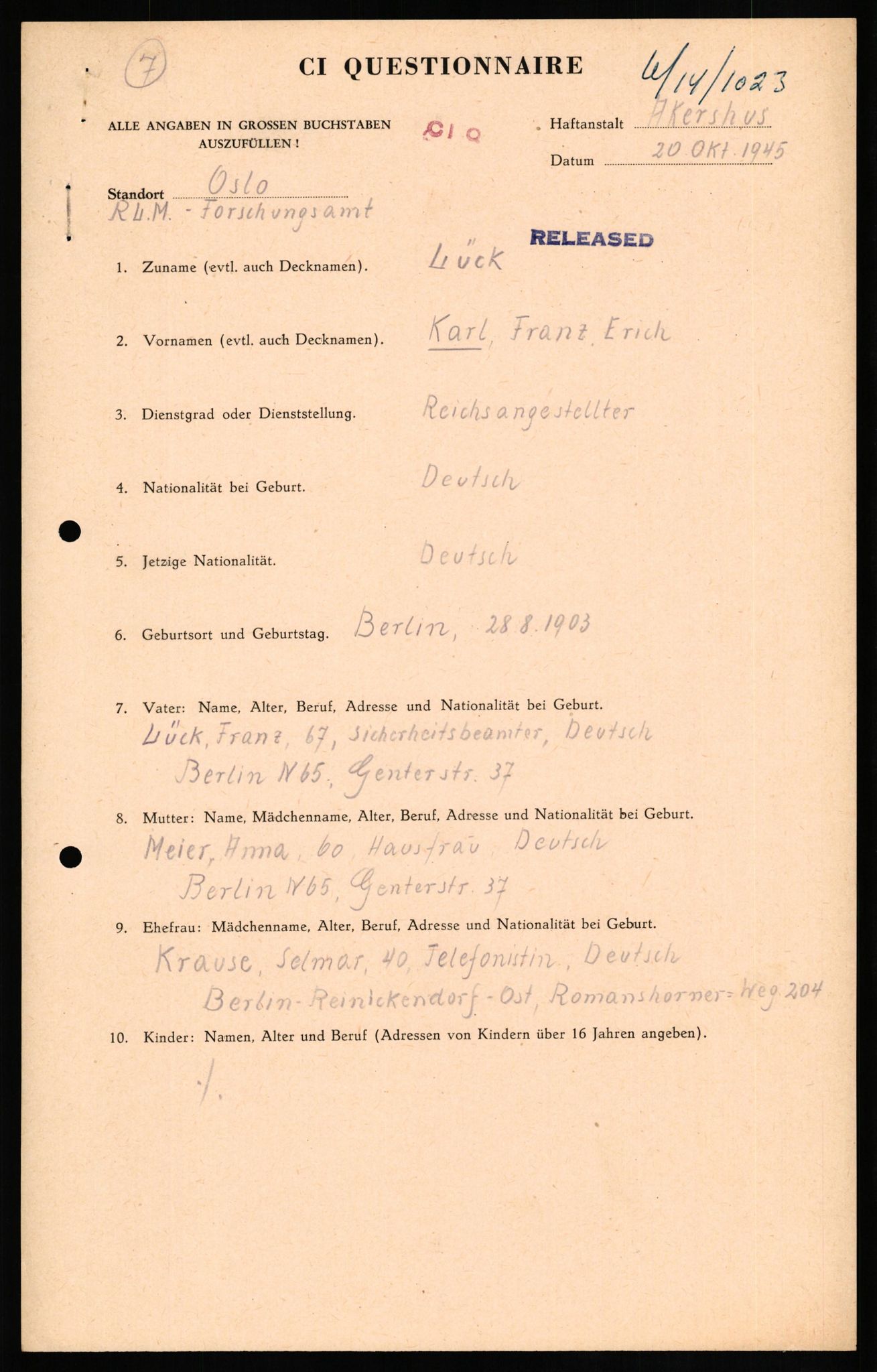 Forsvaret, Forsvarets overkommando II, RA/RAFA-3915/D/Db/L0020: CI Questionaires. Tyske okkupasjonsstyrker i Norge. Tyskere., 1945-1946, p. 477