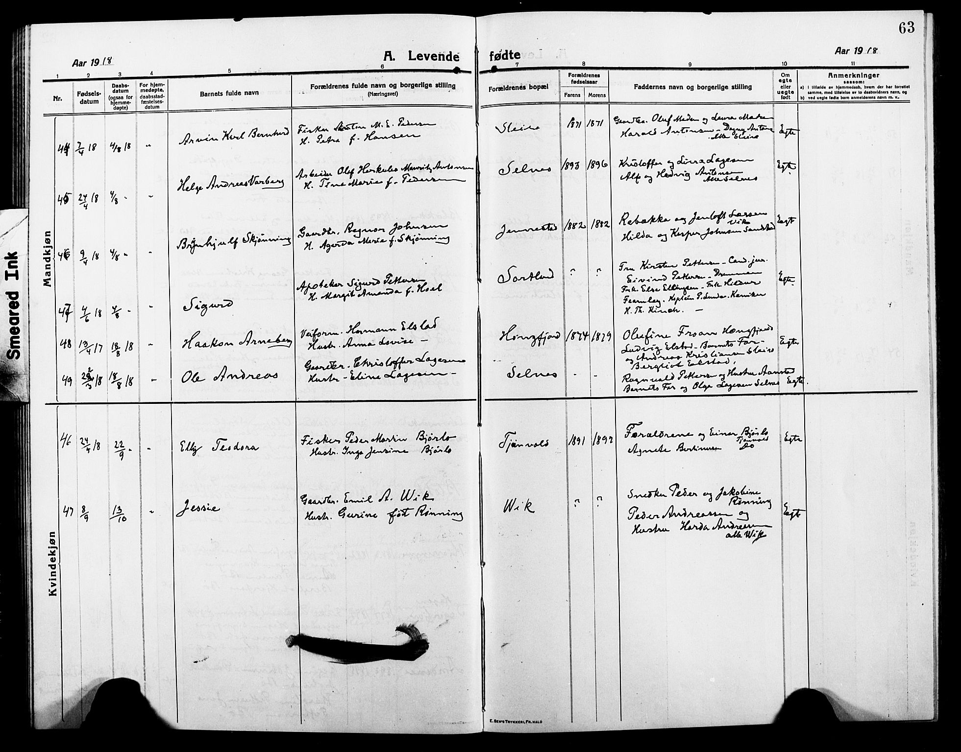 Ministerialprotokoller, klokkerbøker og fødselsregistre - Nordland, AV/SAT-A-1459/895/L1383: Parish register (copy) no. 895C05, 1913-1922, p. 63