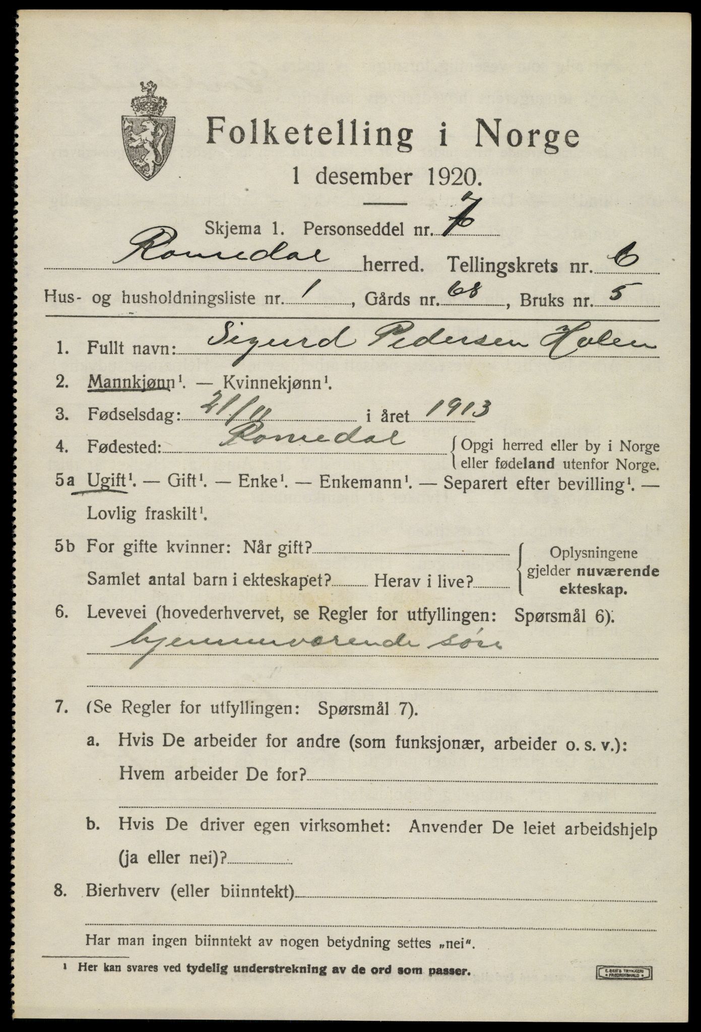 SAH, 1920 census for Romedal, 1920, p. 7785