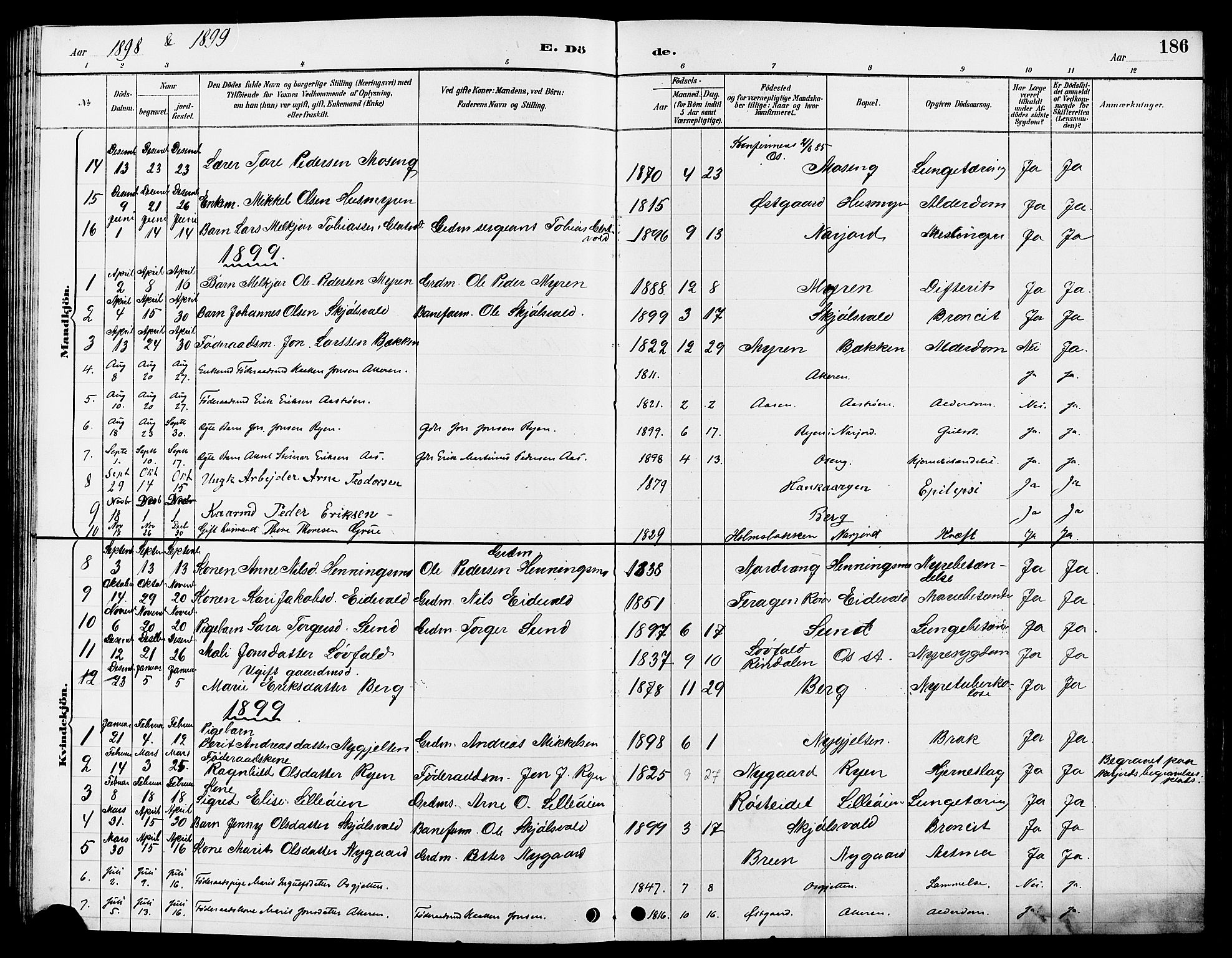 Tolga prestekontor, AV/SAH-PREST-062/L/L0008: Parish register (copy) no. 8, 1887-1912, p. 186