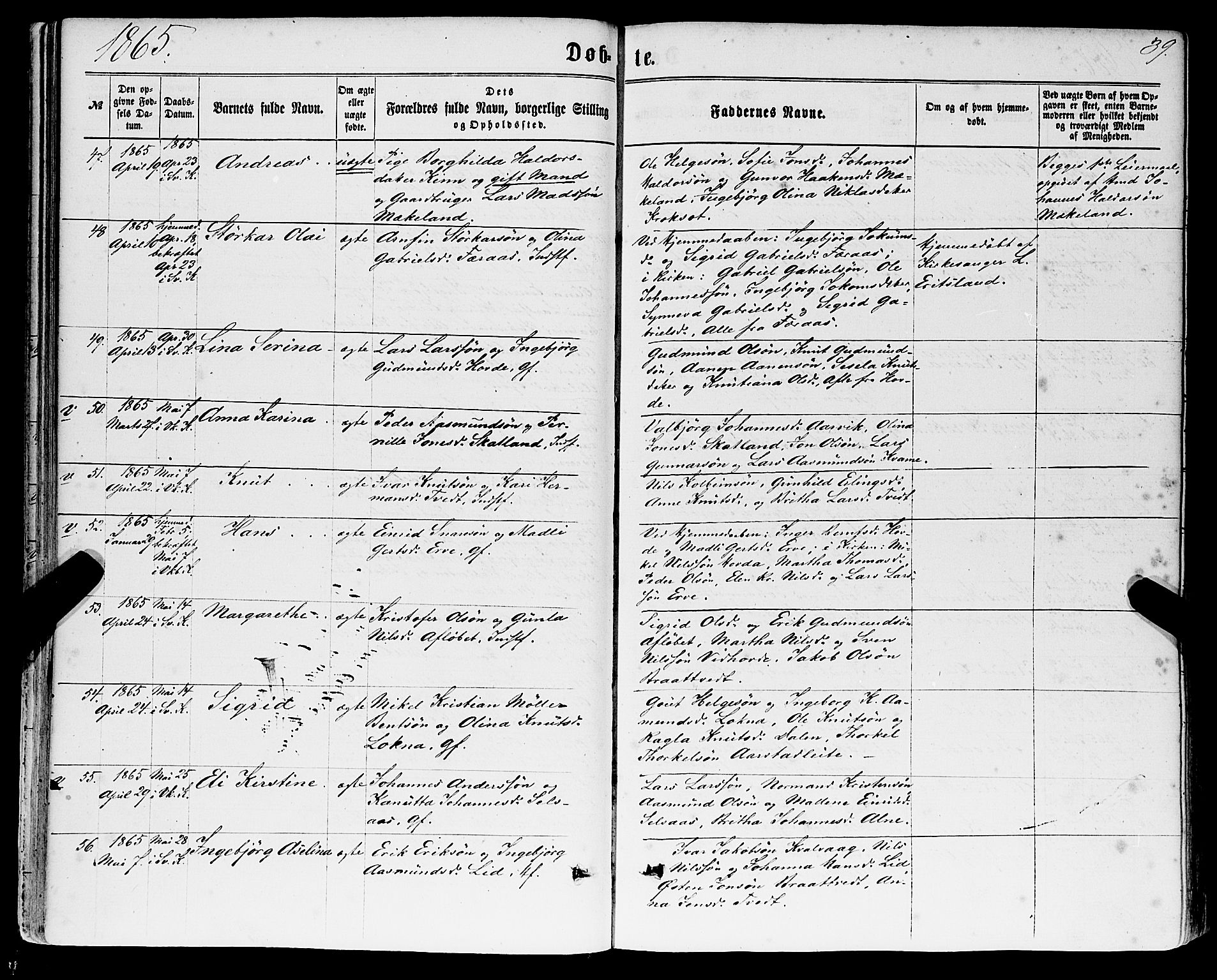 Sveio Sokneprestembete, AV/SAB-A-78501/H/Haa: Parish register (official) no. A 1, 1861-1877, p. 39