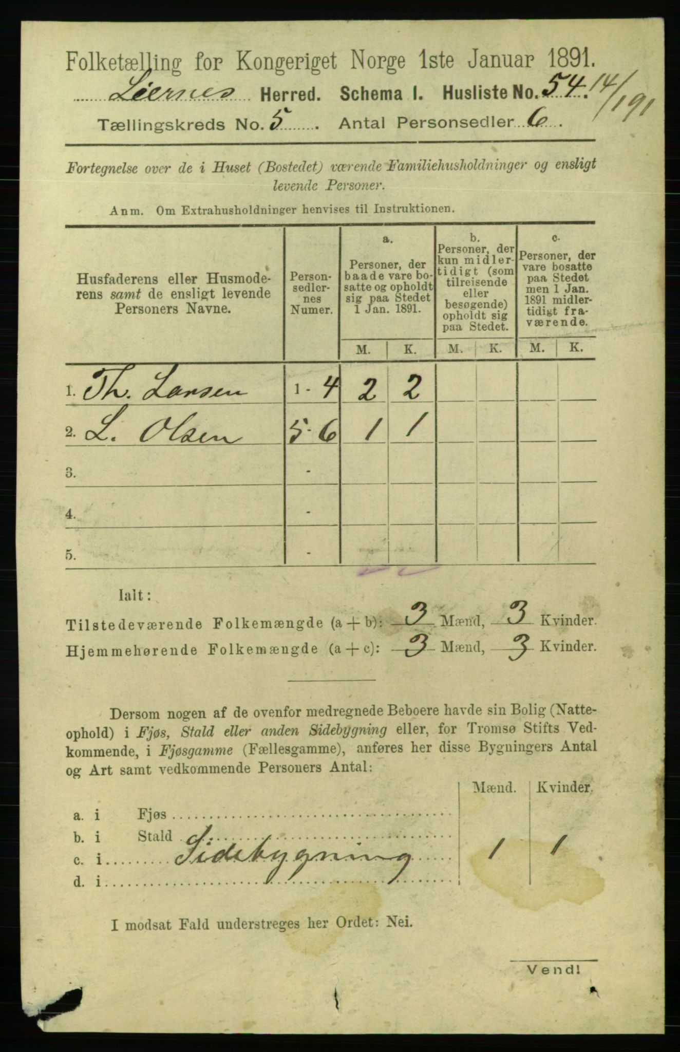 RA, 1891 census for 1737 Lierne, 1891, p. 1421