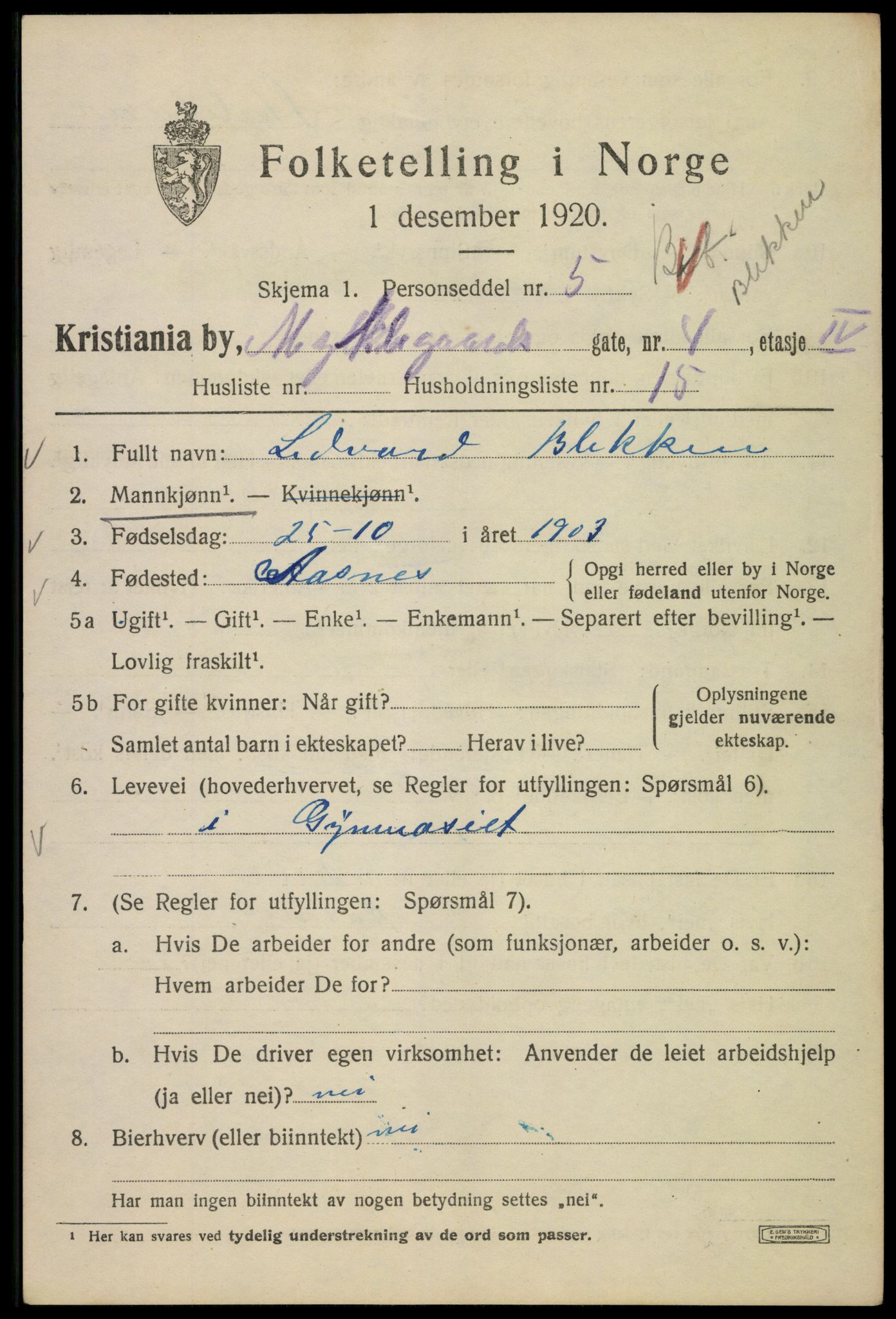 SAO, 1920 census for Kristiania, 1920, p. 406201