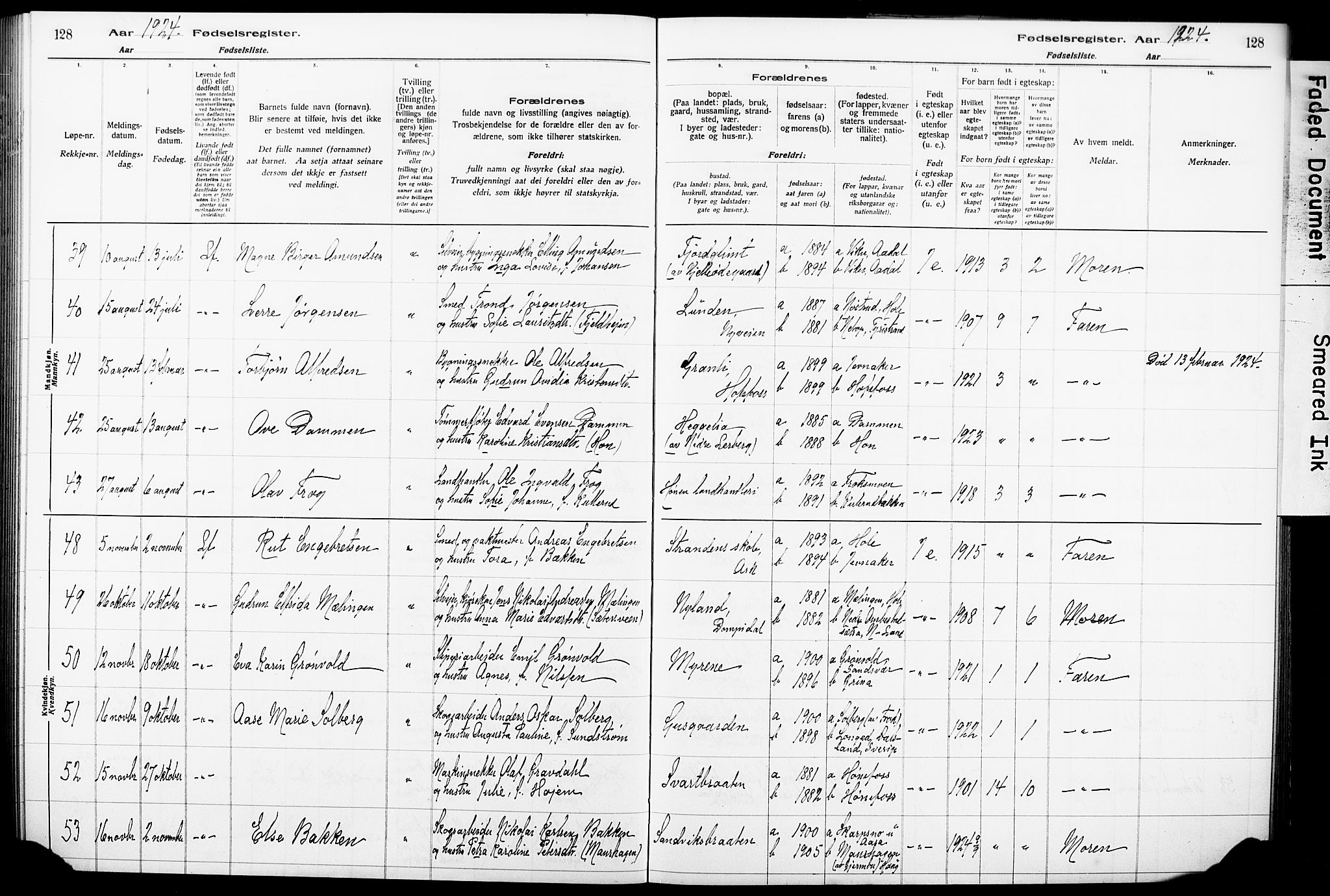 Norderhov kirkebøker, AV/SAKO-A-237/J/Ja/L0001: Birth register no. 1, 1916-1930, p. 128