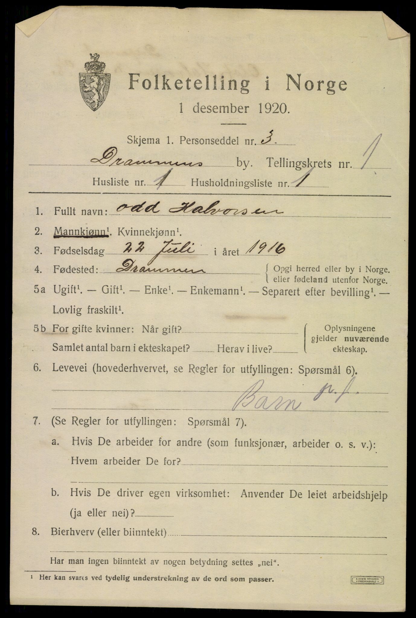 SAKO, 1920 census for Drammen, 1920, p. 18349