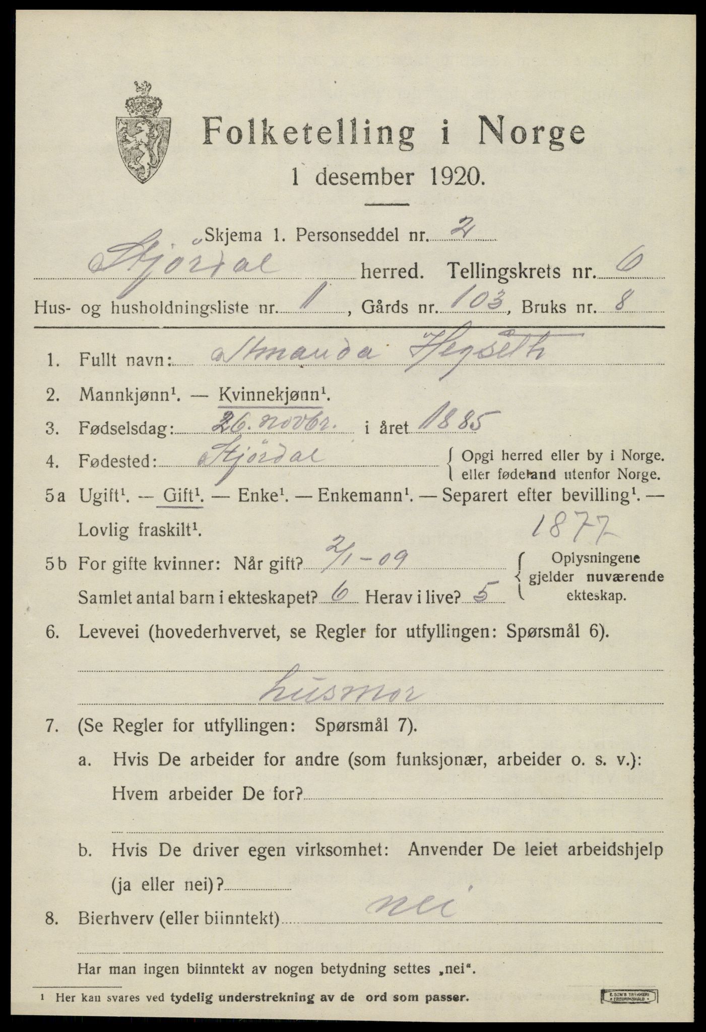 SAT, 1920 census for Stjørdal, 1920, p. 6636