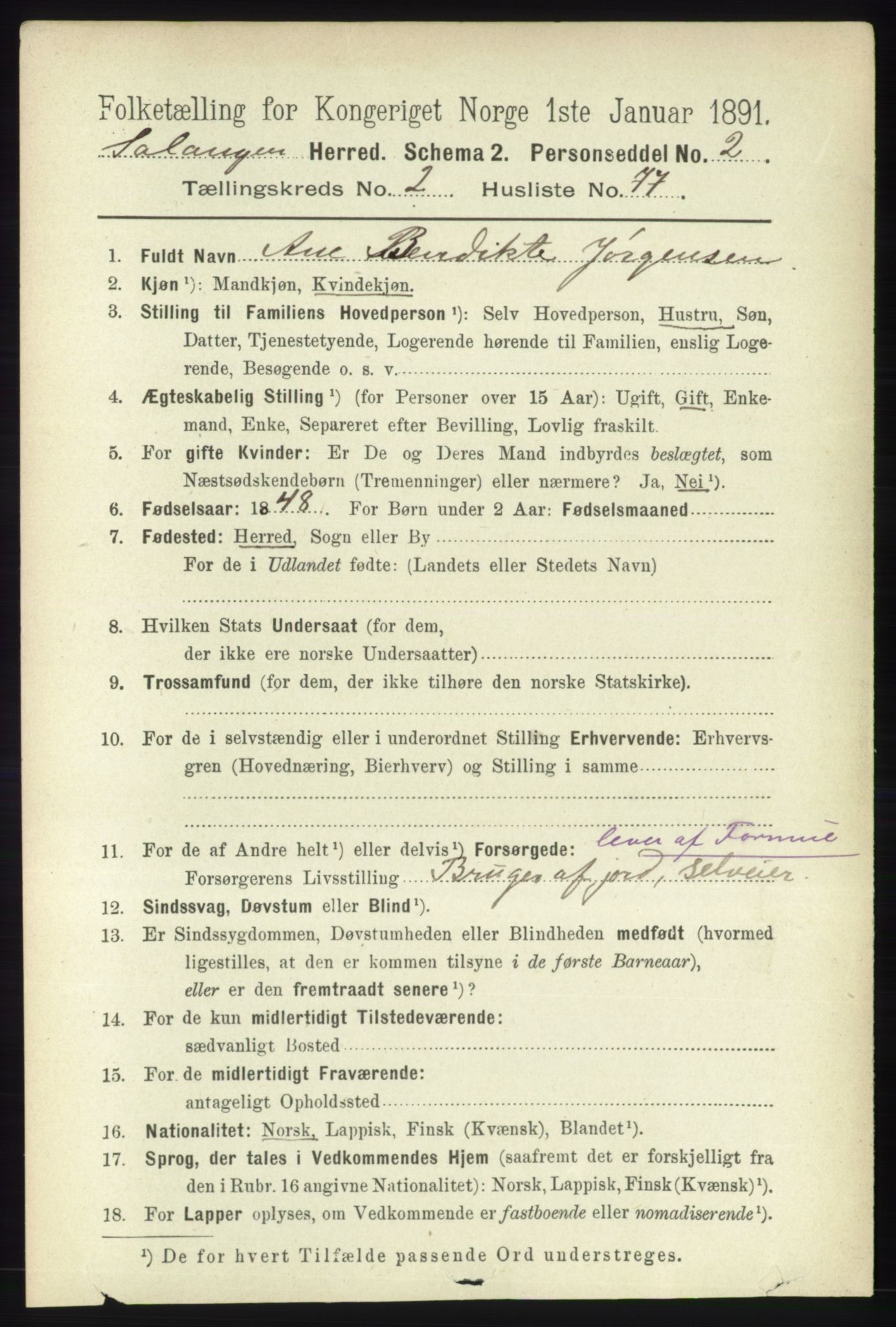 RA, 1891 census for 1921 Salangen, 1891, p. 1142