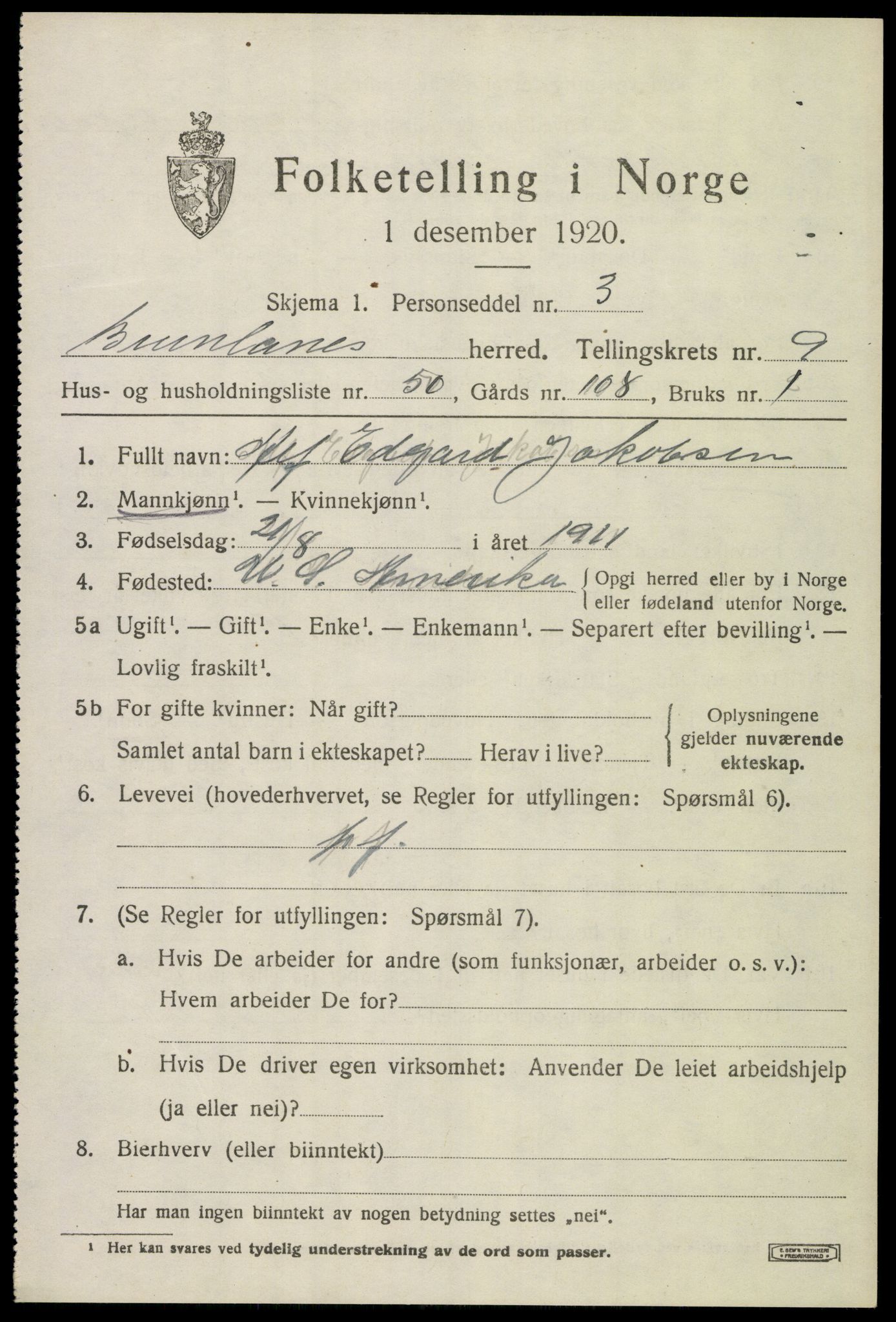 SAKO, 1920 census for Brunlanes, 1920, p. 8337
