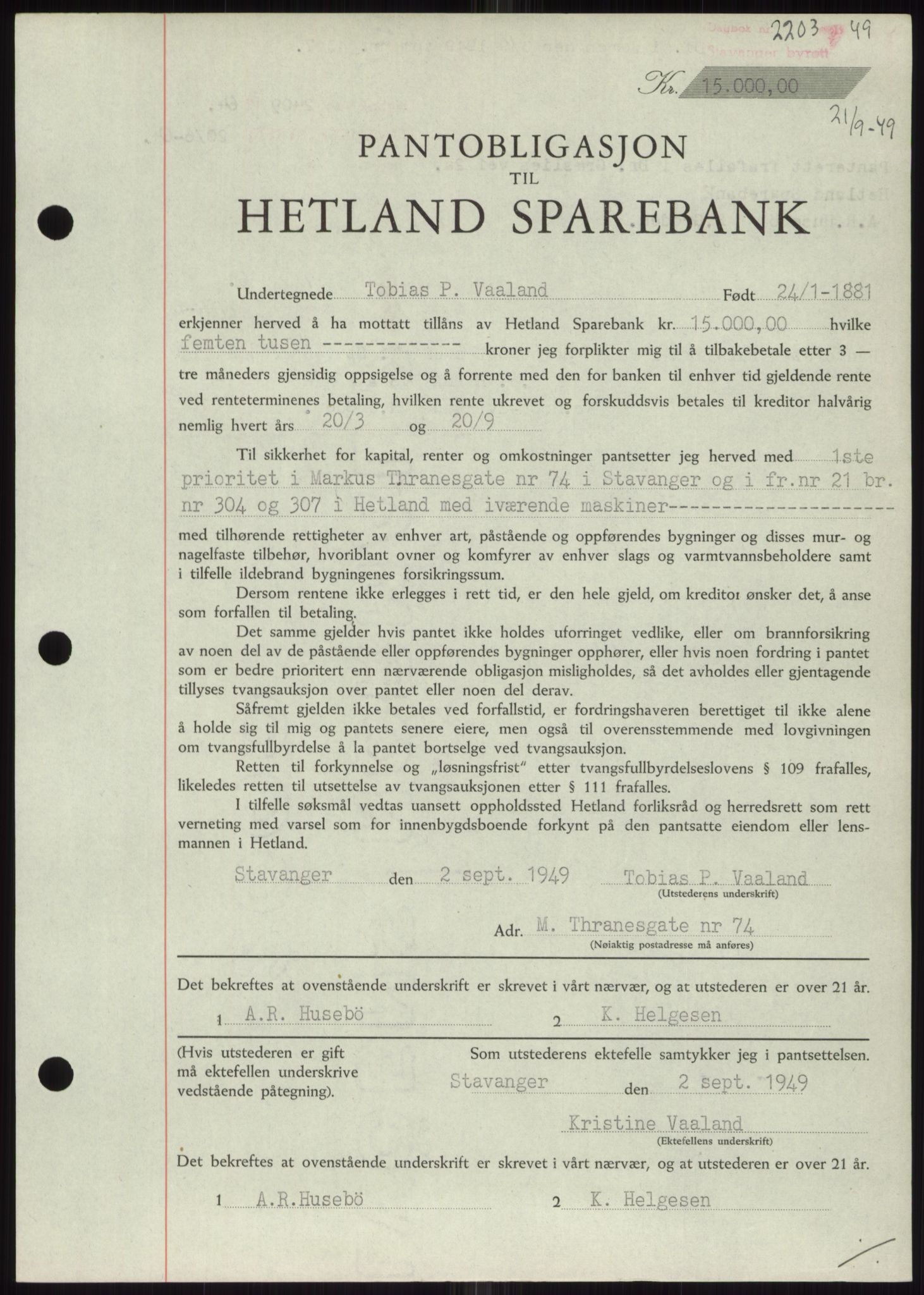 Stavanger byrett, SAST/A-100455/002/G/Gb/L0032: Mortgage book, 1947-1950, Diary no: : 2203/1949