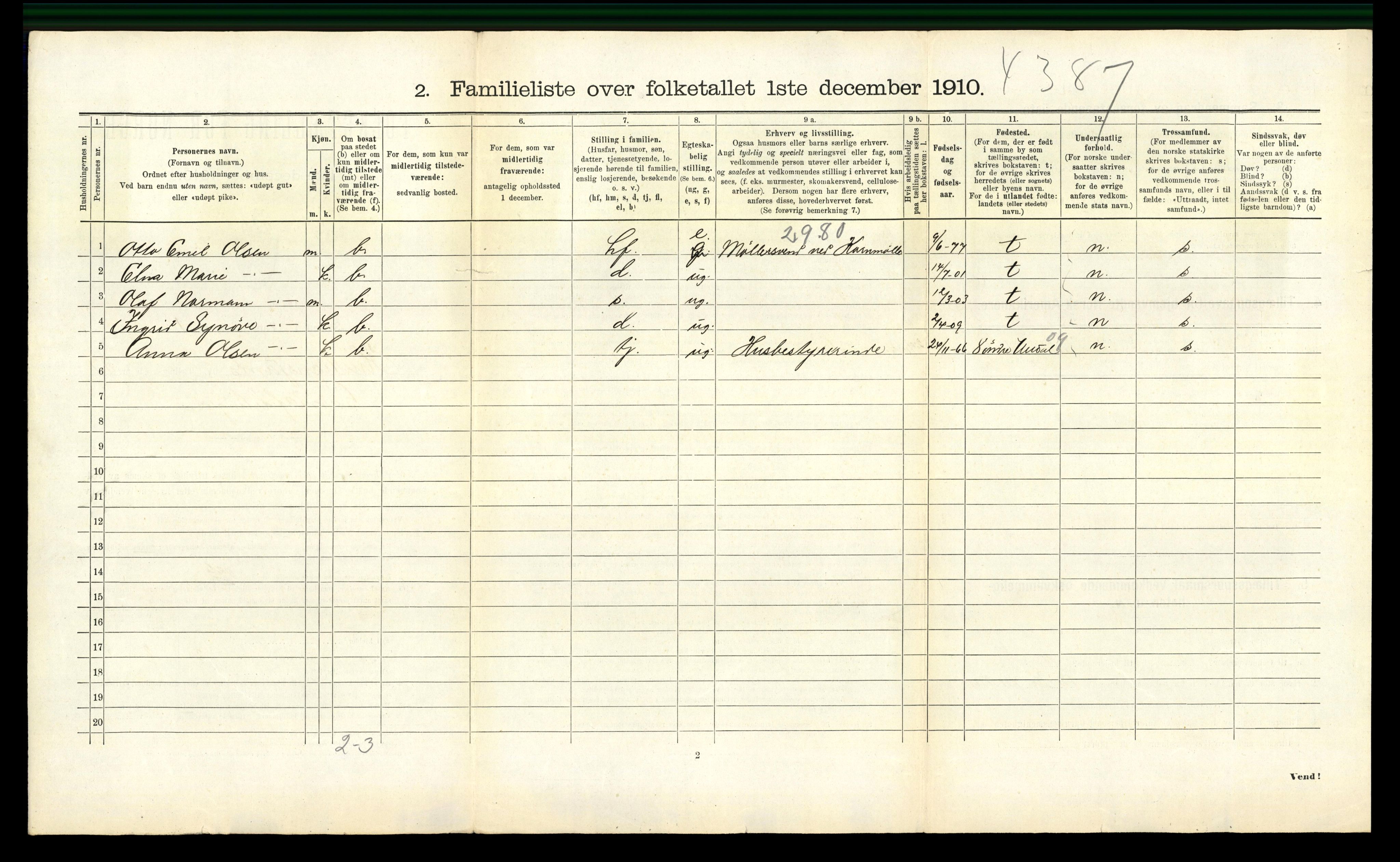 RA, 1910 census for Kristiansand, 1910, p. 9525