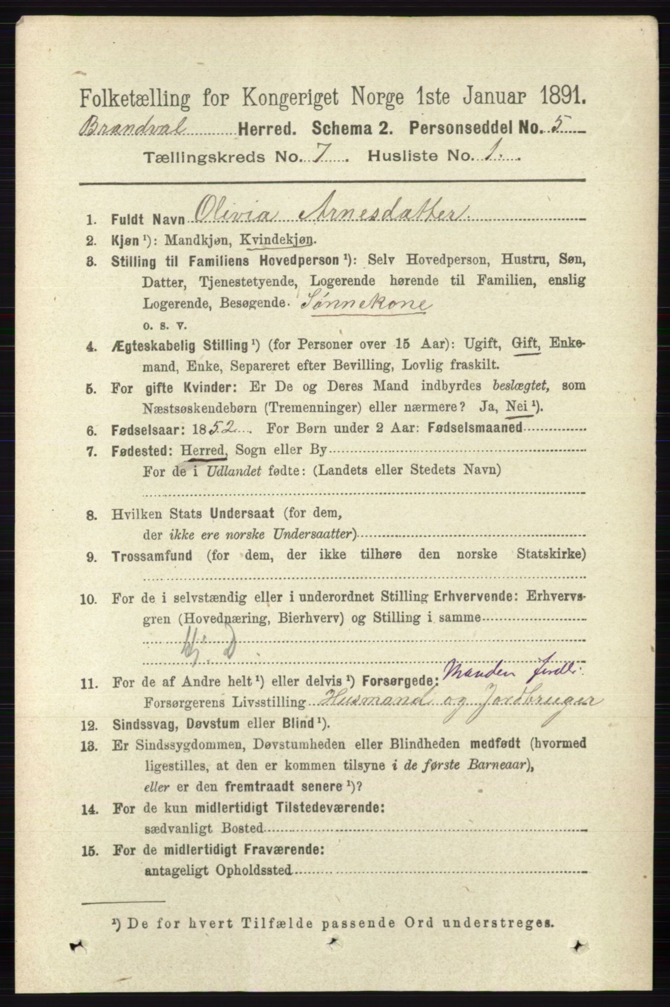 RA, 1891 census for 0422 Brandval, 1891, p. 3329