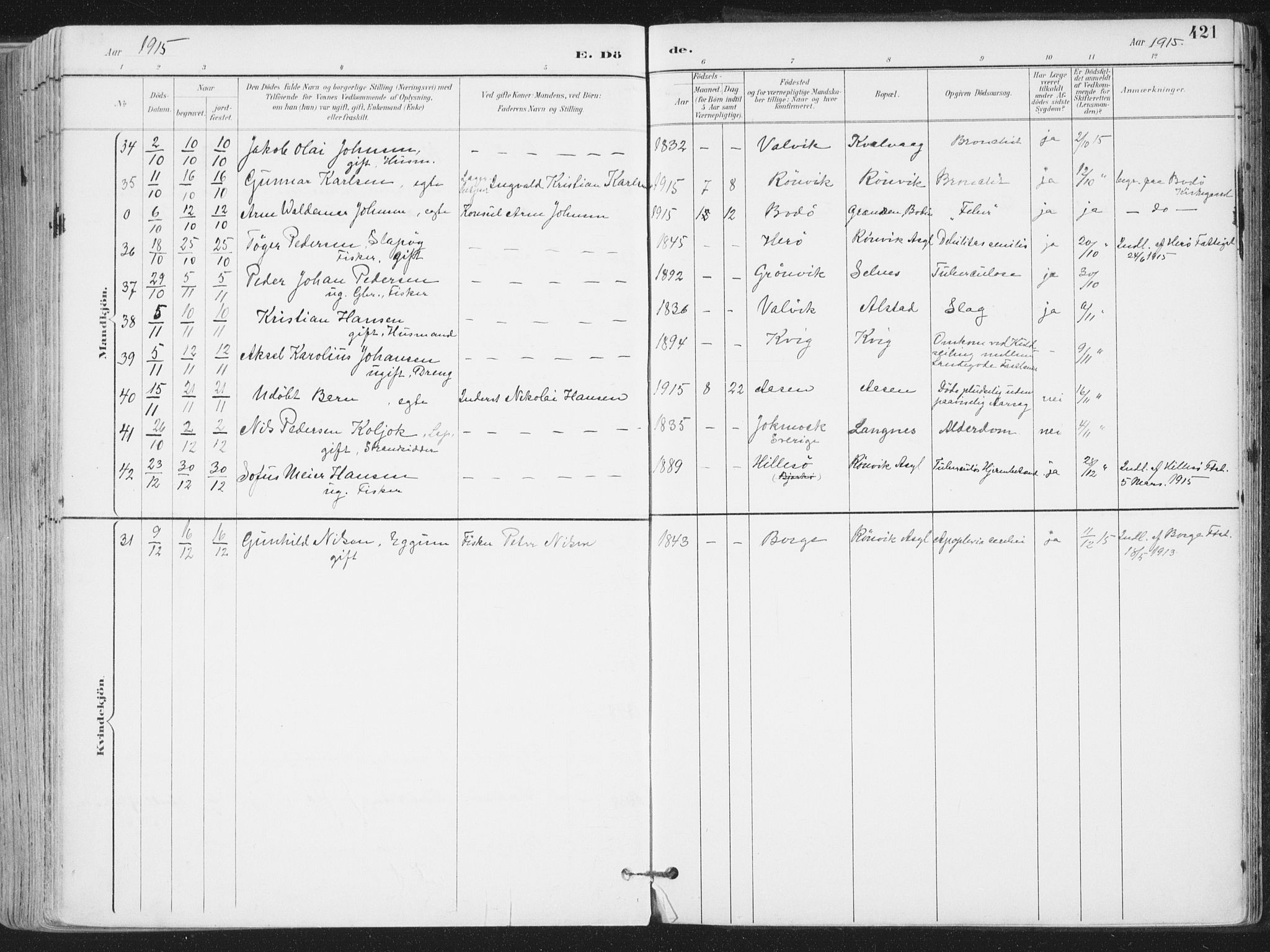 Ministerialprotokoller, klokkerbøker og fødselsregistre - Nordland, AV/SAT-A-1459/802/L0055: Parish register (official) no. 802A02, 1894-1915, p. 421