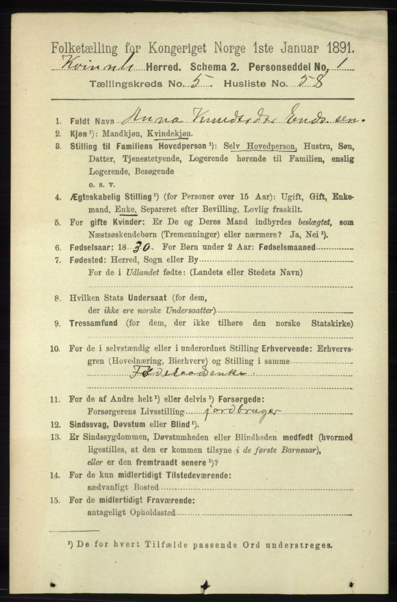 RA, 1891 census for 1224 Kvinnherad, 1891, p. 2075