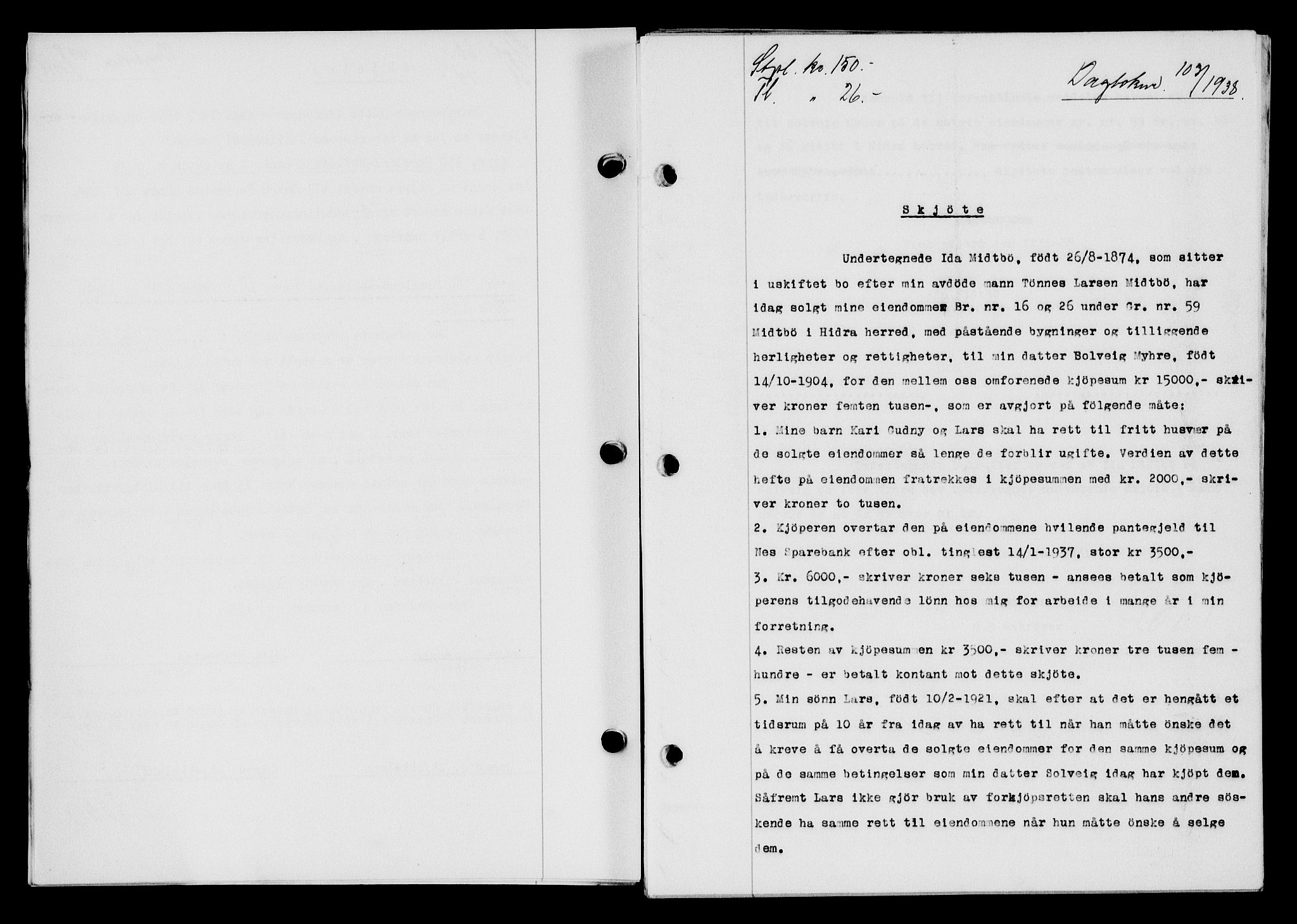 Flekkefjord sorenskriveri, SAK/1221-0001/G/Gb/Gba/L0054: Mortgage book no. A-2, 1937-1938, Diary no: : 103/1938