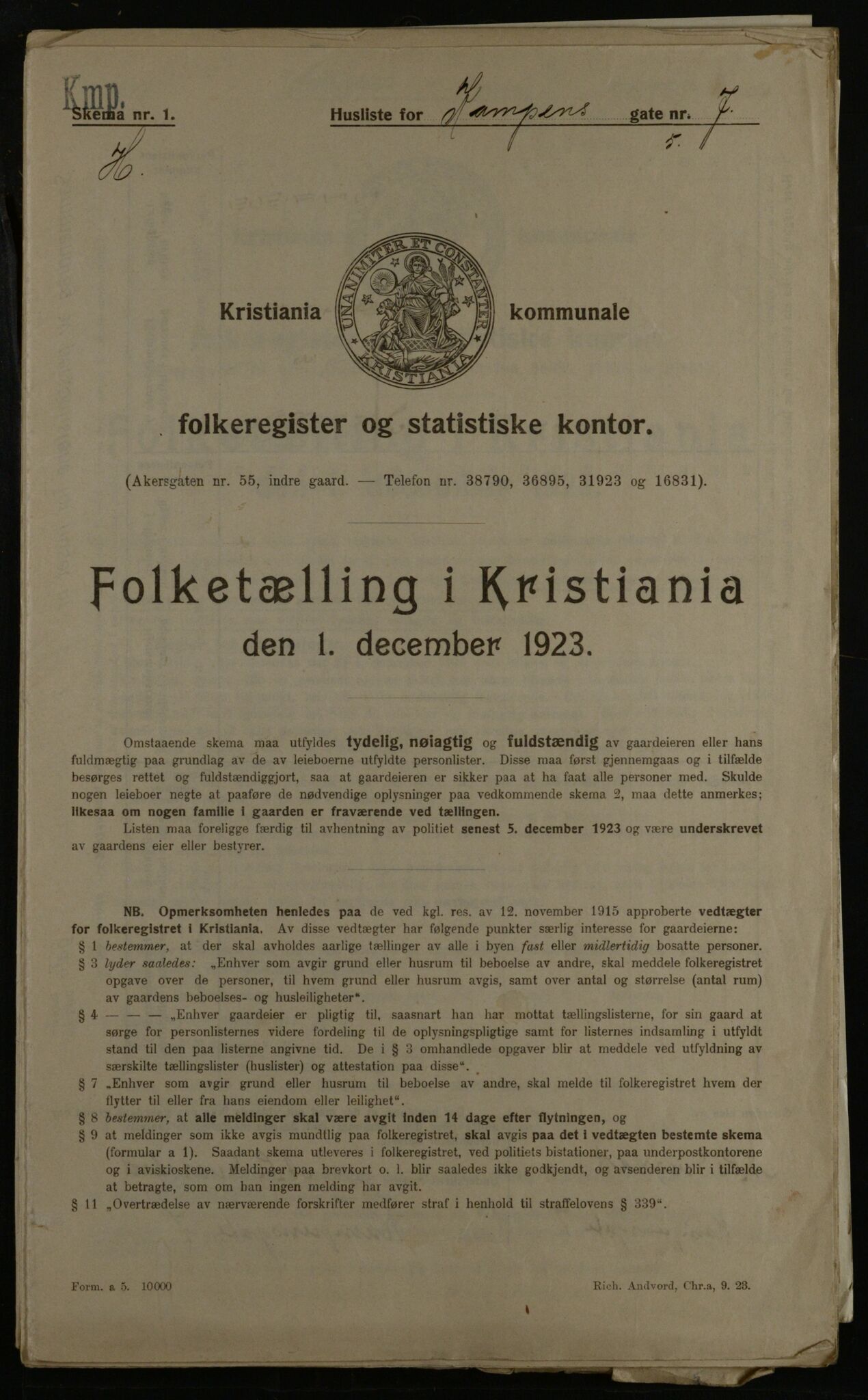 OBA, Municipal Census 1923 for Kristiania, 1923, p. 53615