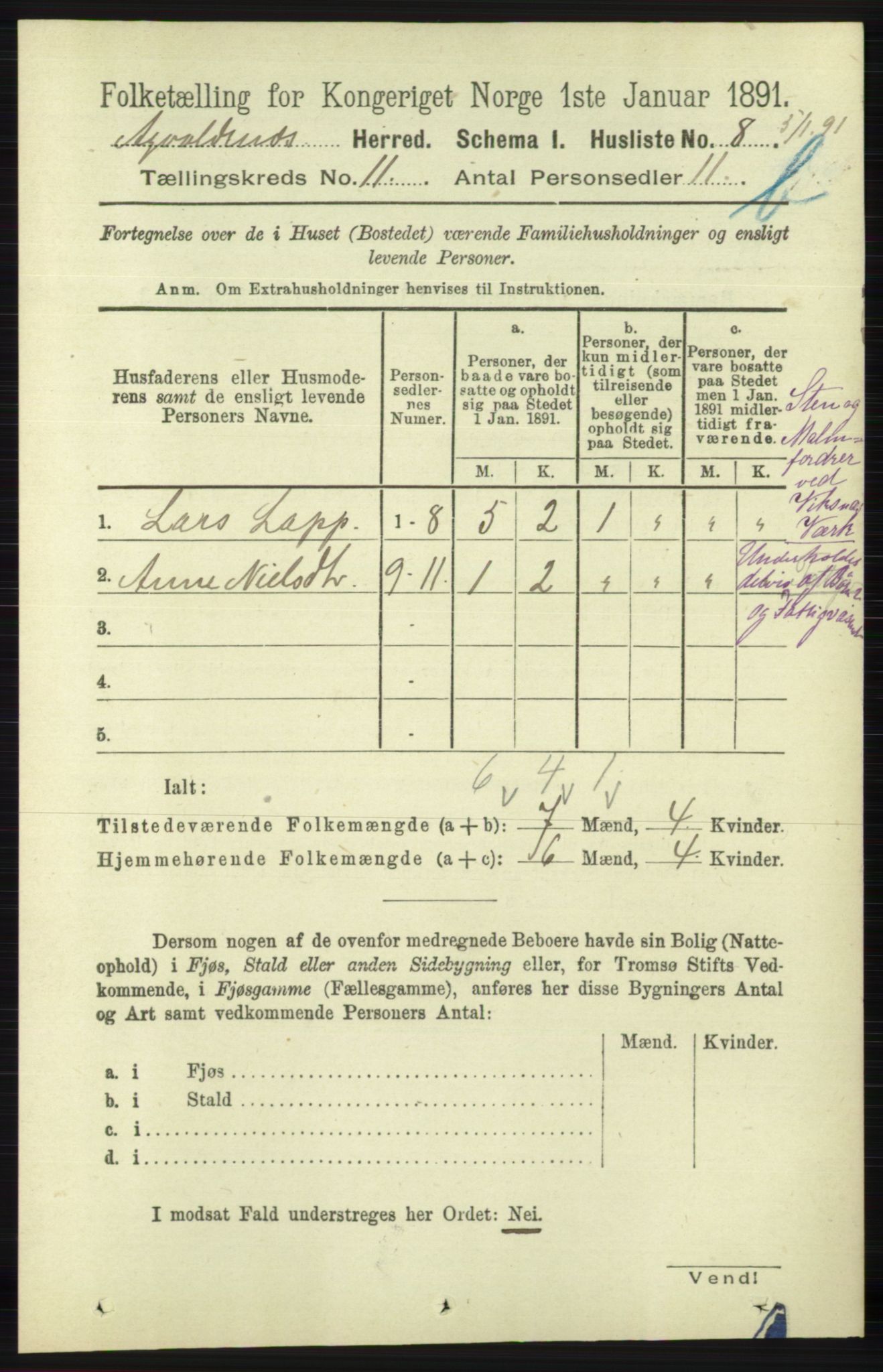 RA, 1891 census for 1147 Avaldsnes, 1891, p. 6173