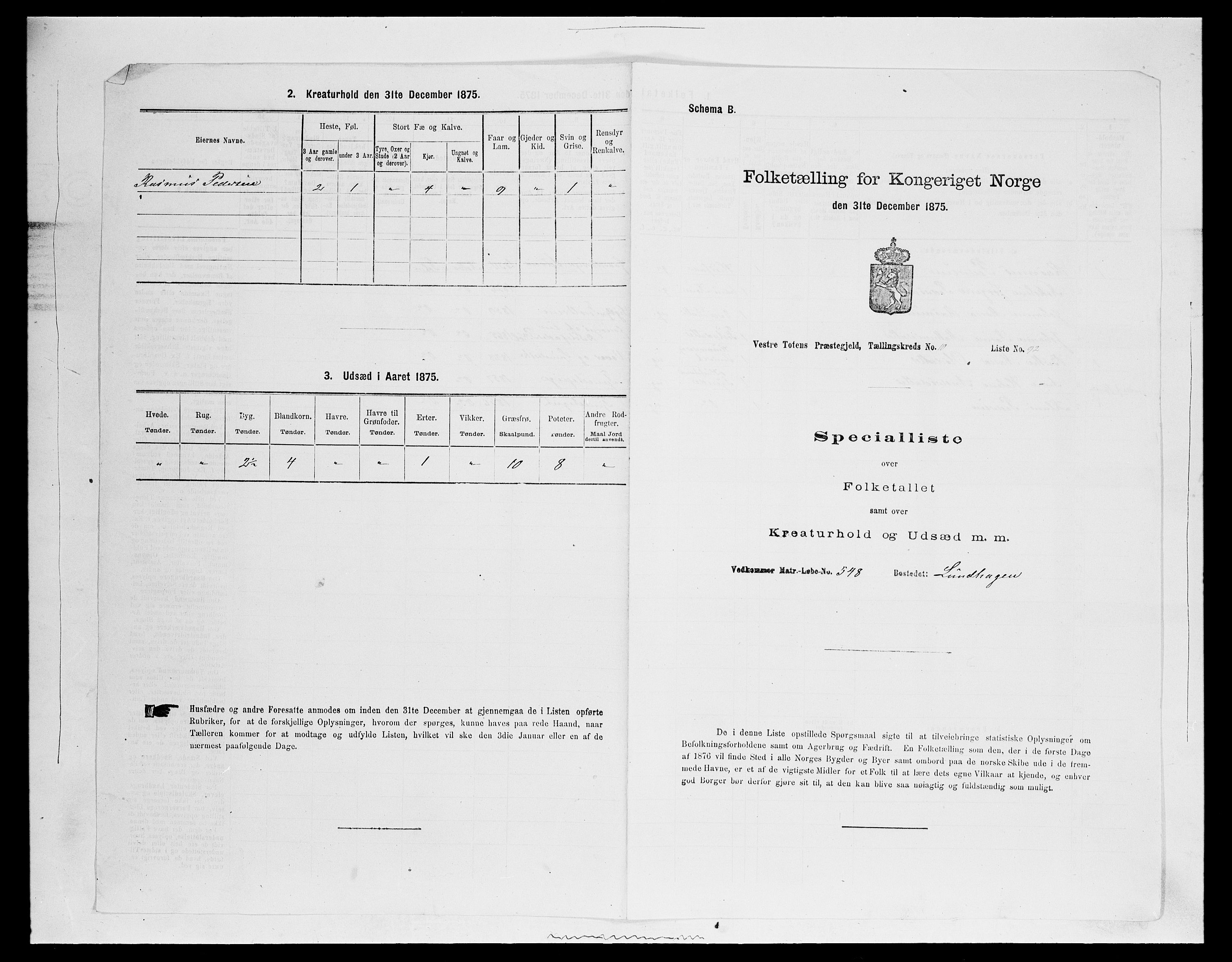 SAH, 1875 census for 0529P Vestre Toten, 1875, p. 2038