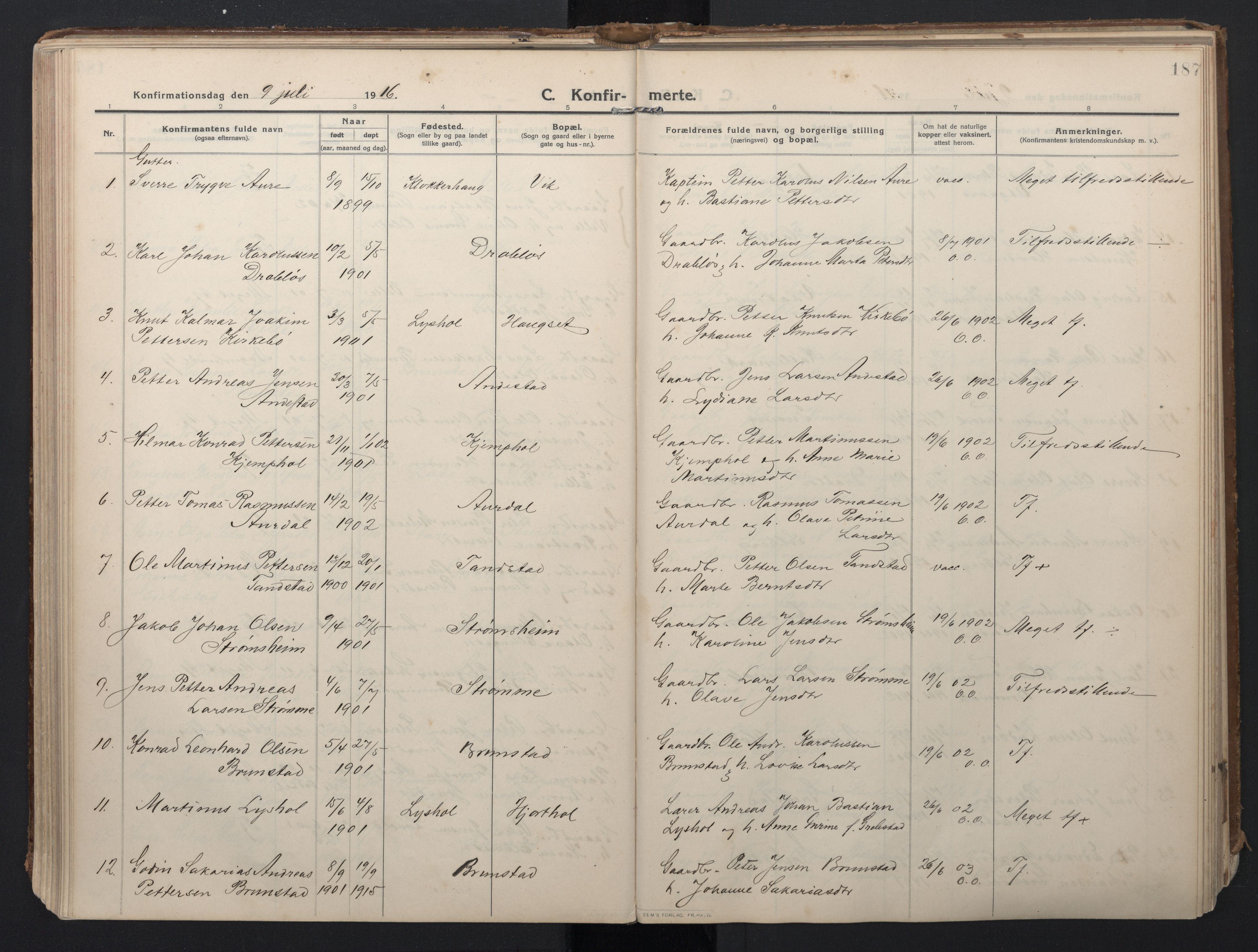 Ministerialprotokoller, klokkerbøker og fødselsregistre - Møre og Romsdal, AV/SAT-A-1454/523/L0337: Parish register (official) no. 523A04, 1911-1929, p. 187