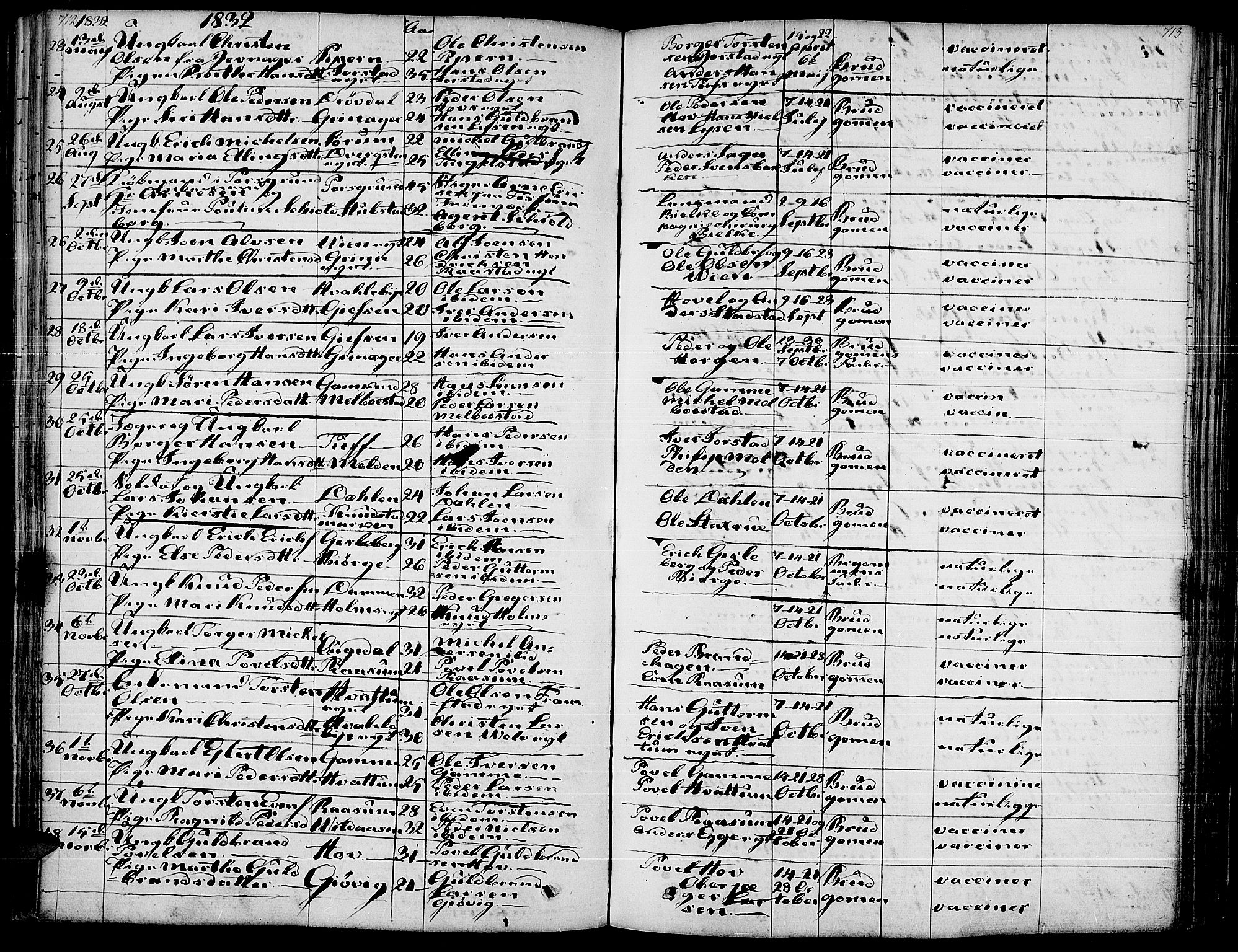 Gran prestekontor, SAH/PREST-112/H/Ha/Haa/L0010: Parish register (official) no. 10, 1824-1842, p. 712-713