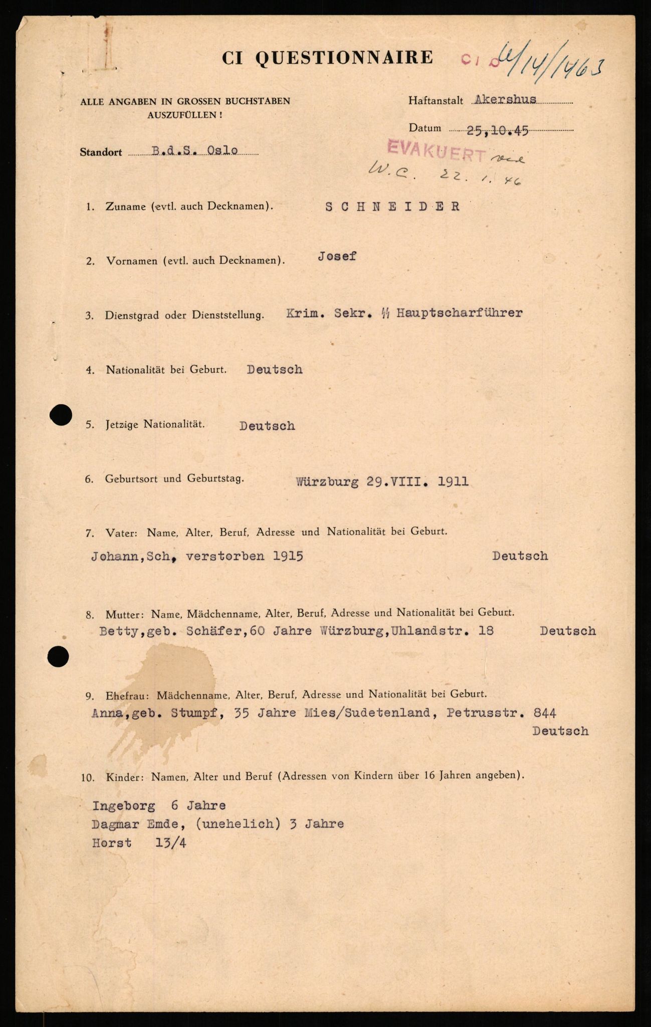 Forsvaret, Forsvarets overkommando II, AV/RA-RAFA-3915/D/Db/L0030: CI Questionaires. Tyske okkupasjonsstyrker i Norge. Tyskere., 1945-1946, p. 47