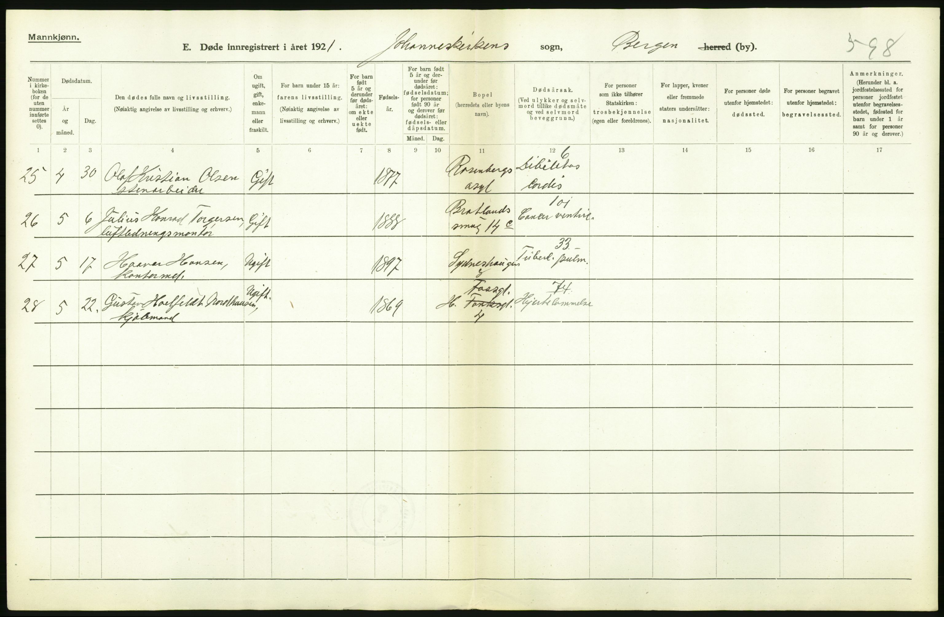 Statistisk sentralbyrå, Sosiodemografiske emner, Befolkning, AV/RA-S-2228/D/Df/Dfc/Dfca/L0036: Bergen: Døde., 1921, p. 44