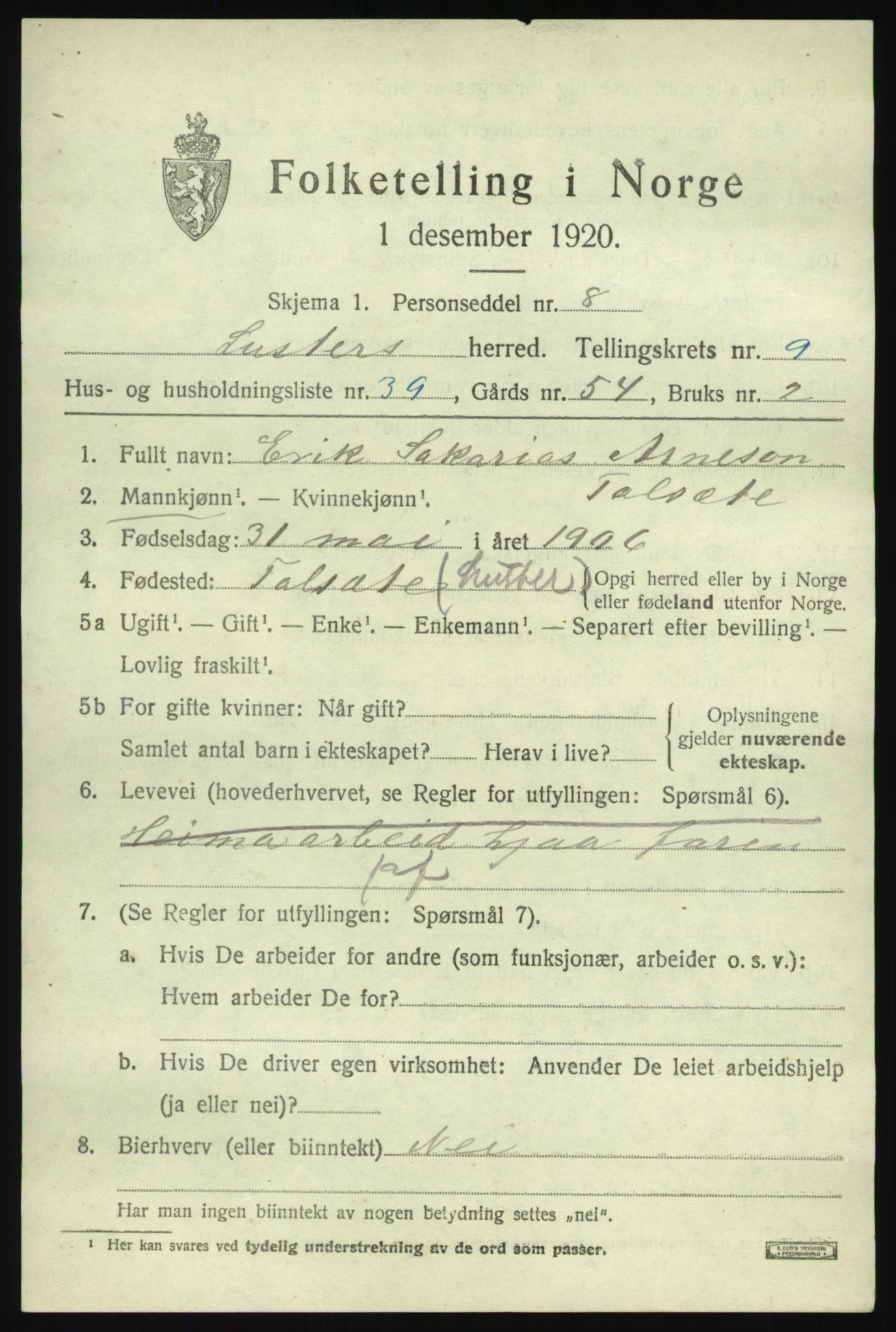 SAB, 1920 census for Luster, 1920, p. 5368