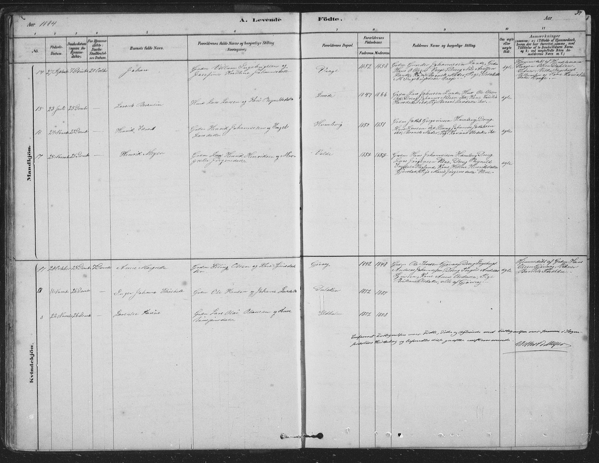 Tysnes sokneprestembete, AV/SAB-A-78601/H/Hab: Parish register (copy) no. B 2, 1878-1918, p. 34