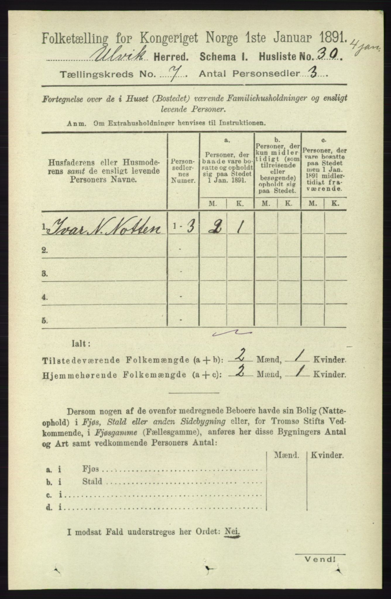 RA, 1891 census for 1233 Ulvik, 1891, p. 2254