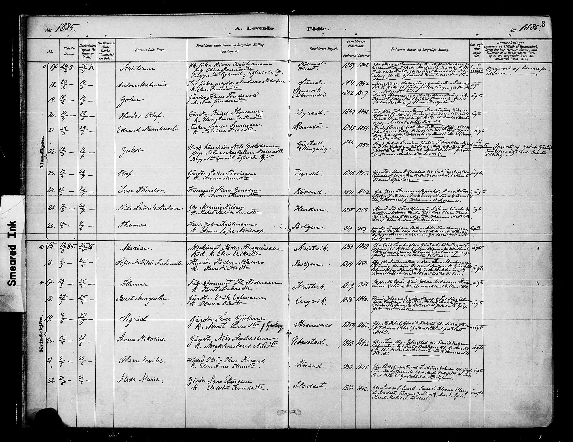 Ministerialprotokoller, klokkerbøker og fødselsregistre - Møre og Romsdal, AV/SAT-A-1454/569/L0819: Parish register (official) no. 569A05, 1885-1899, p. 3