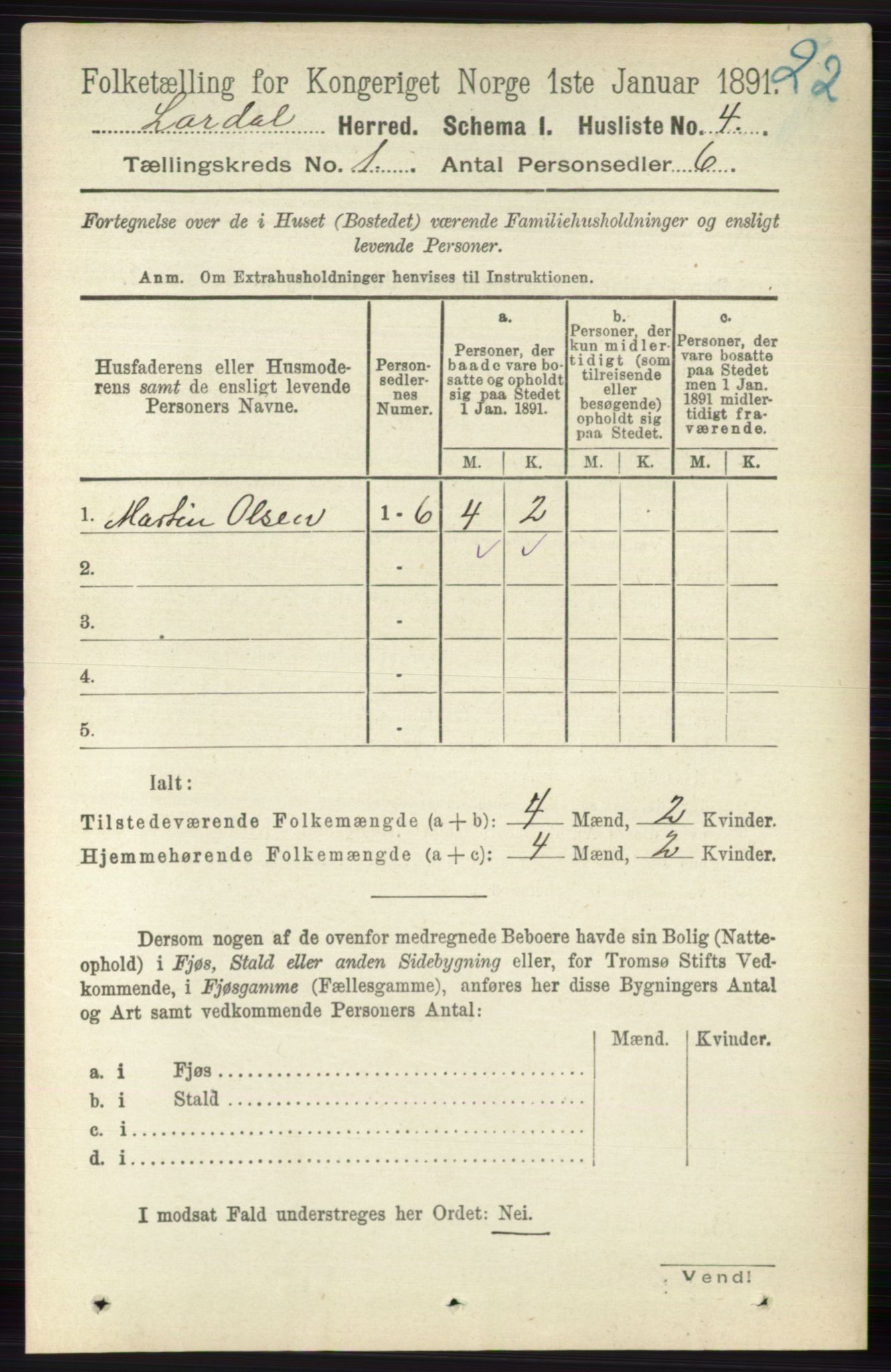 RA, 1891 census for 0728 Lardal, 1891, p. 26