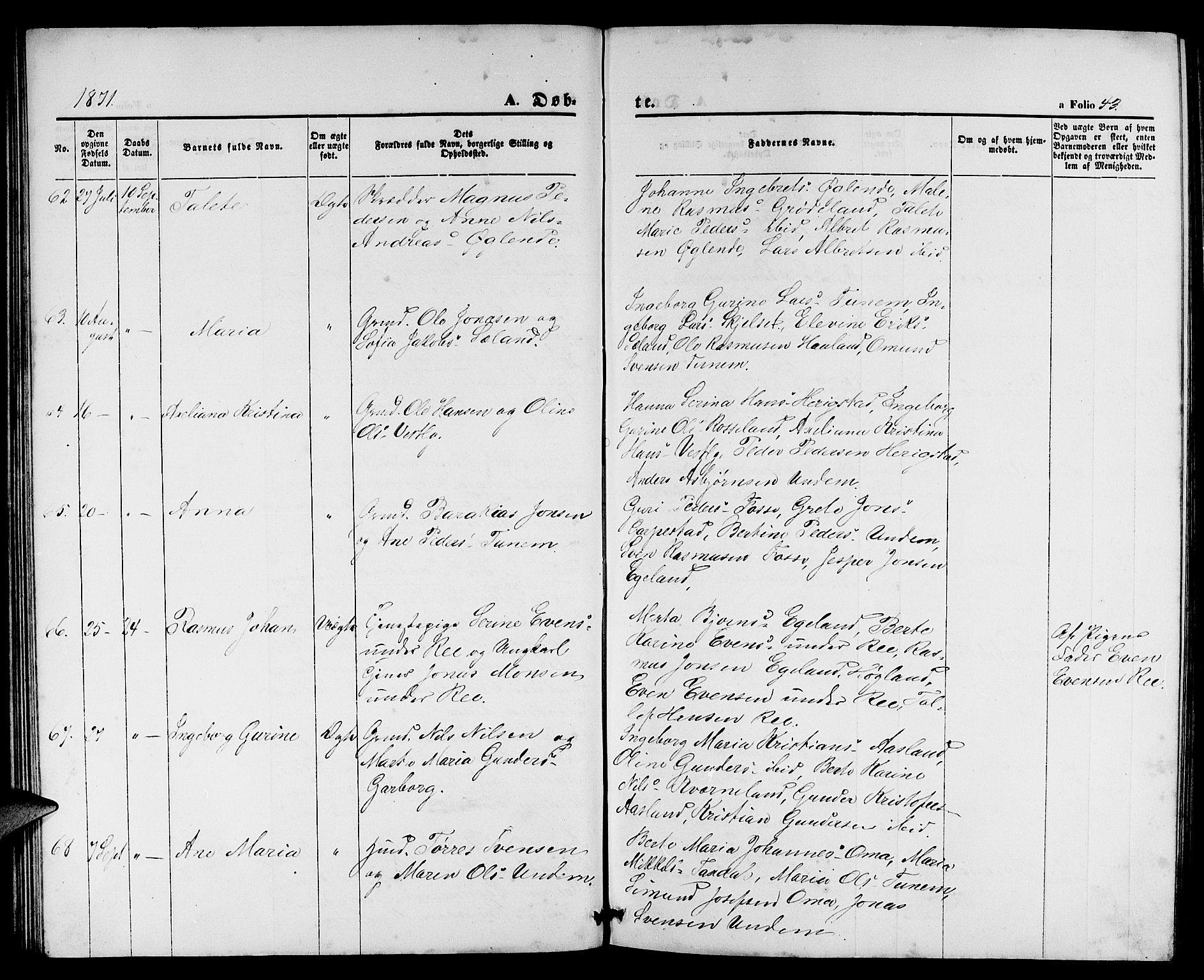 Lye sokneprestkontor, AV/SAST-A-101794/001/30BB/L0004: Parish register (copy) no. B 4, 1868-1878, p. 43