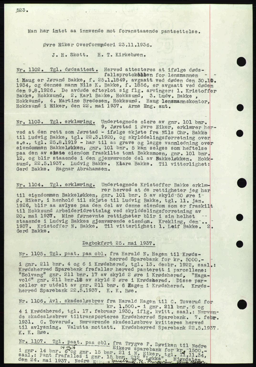 Eiker, Modum og Sigdal sorenskriveri, SAKO/A-123/G/Ga/Gab/L0035: Mortgage book no. A5, 1937-1937, Diary no: : 1102/1937