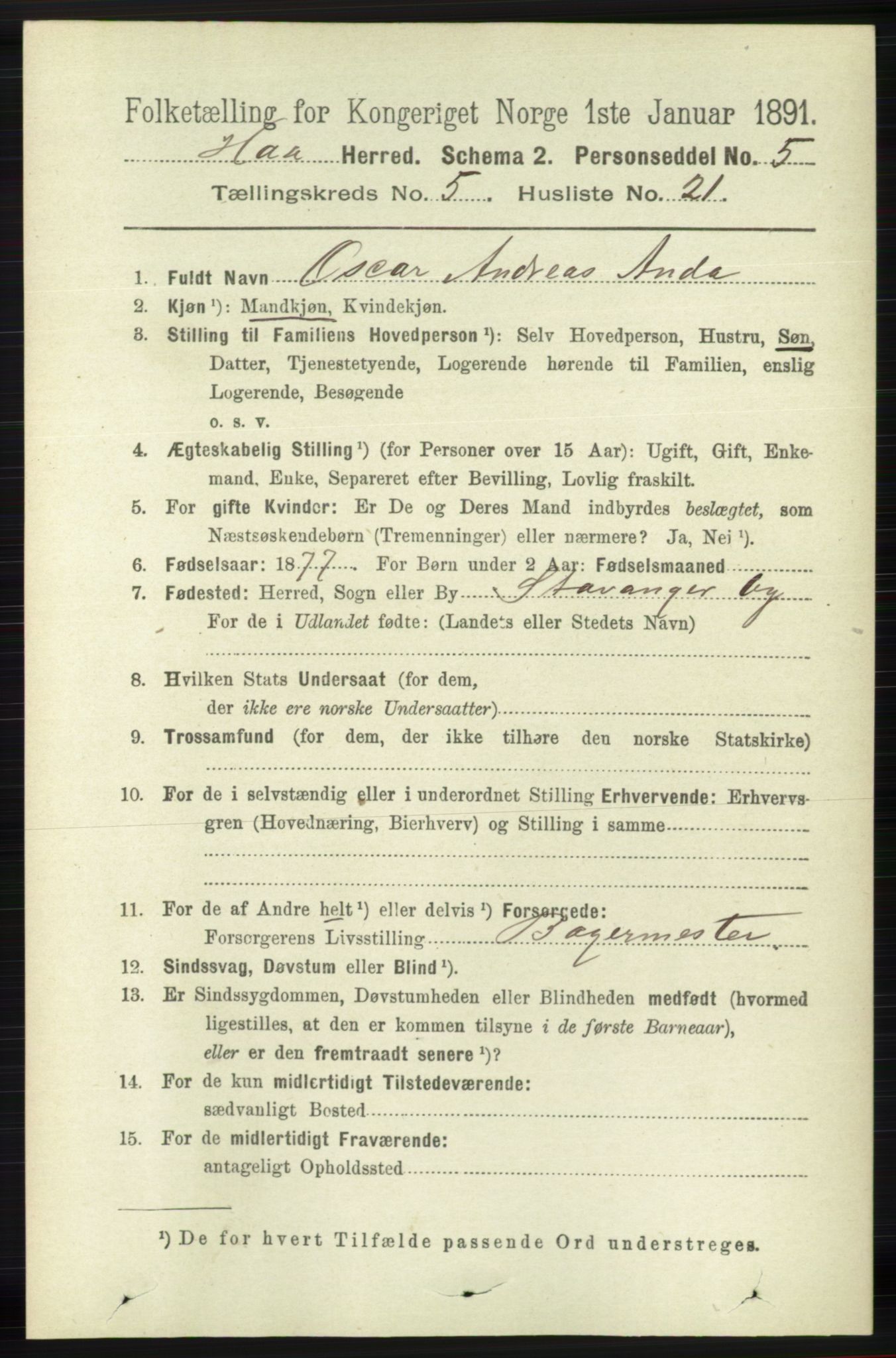 RA, 1891 census for 1119 Hå, 1891, p. 1486