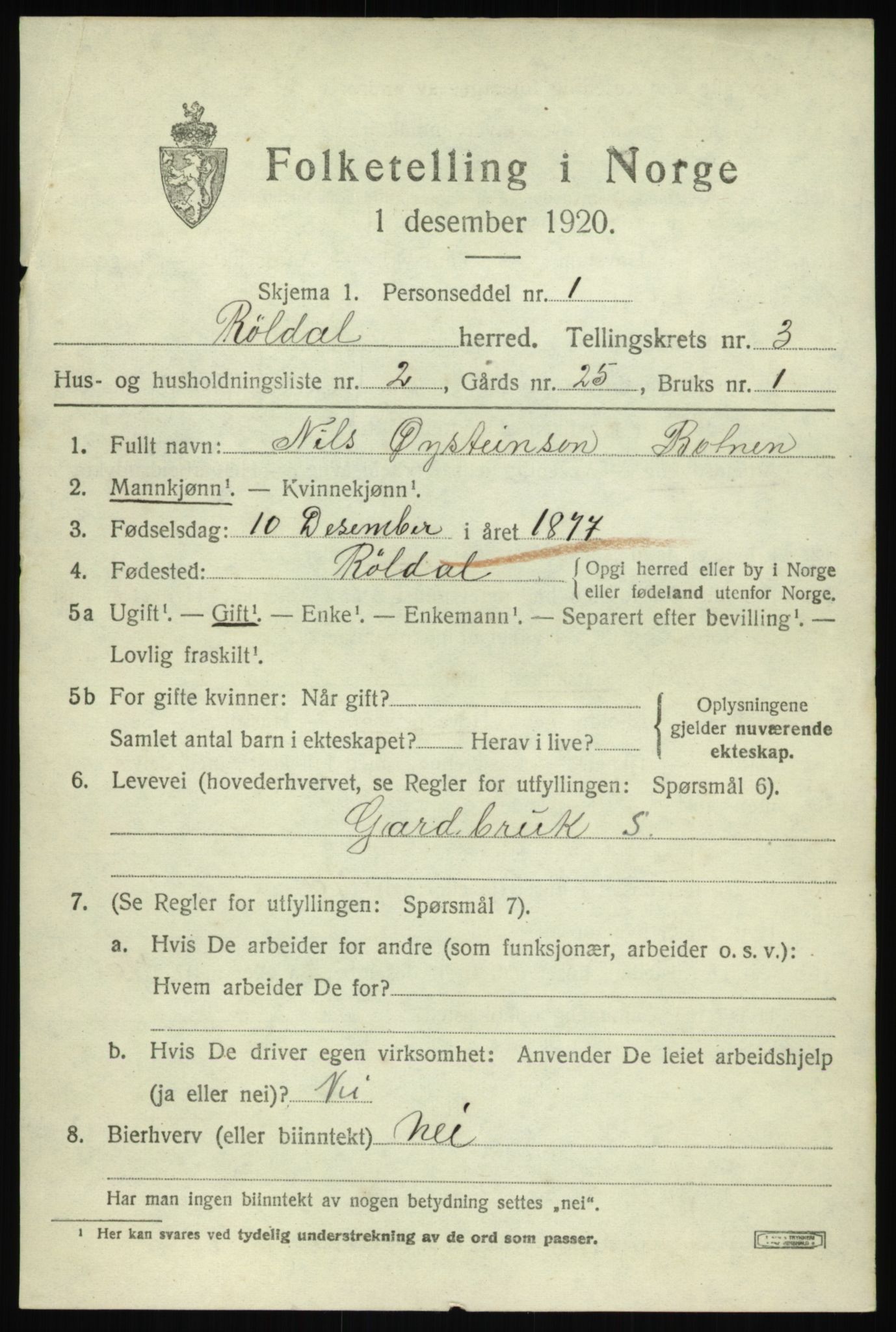 SAB, 1920 census for Røldal, 1920, p. 1665