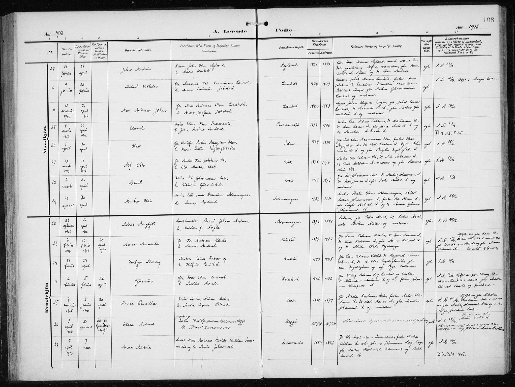 Herdla Sokneprestembete, AV/SAB-A-75701/H/Haa: Parish register (official) no. A 5, 1905-1918, p. 108