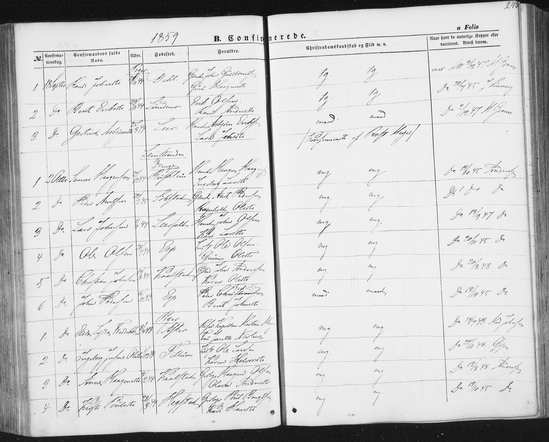 Ministerialprotokoller, klokkerbøker og fødselsregistre - Sør-Trøndelag, AV/SAT-A-1456/691/L1076: Parish register (official) no. 691A08, 1852-1861, p. 243