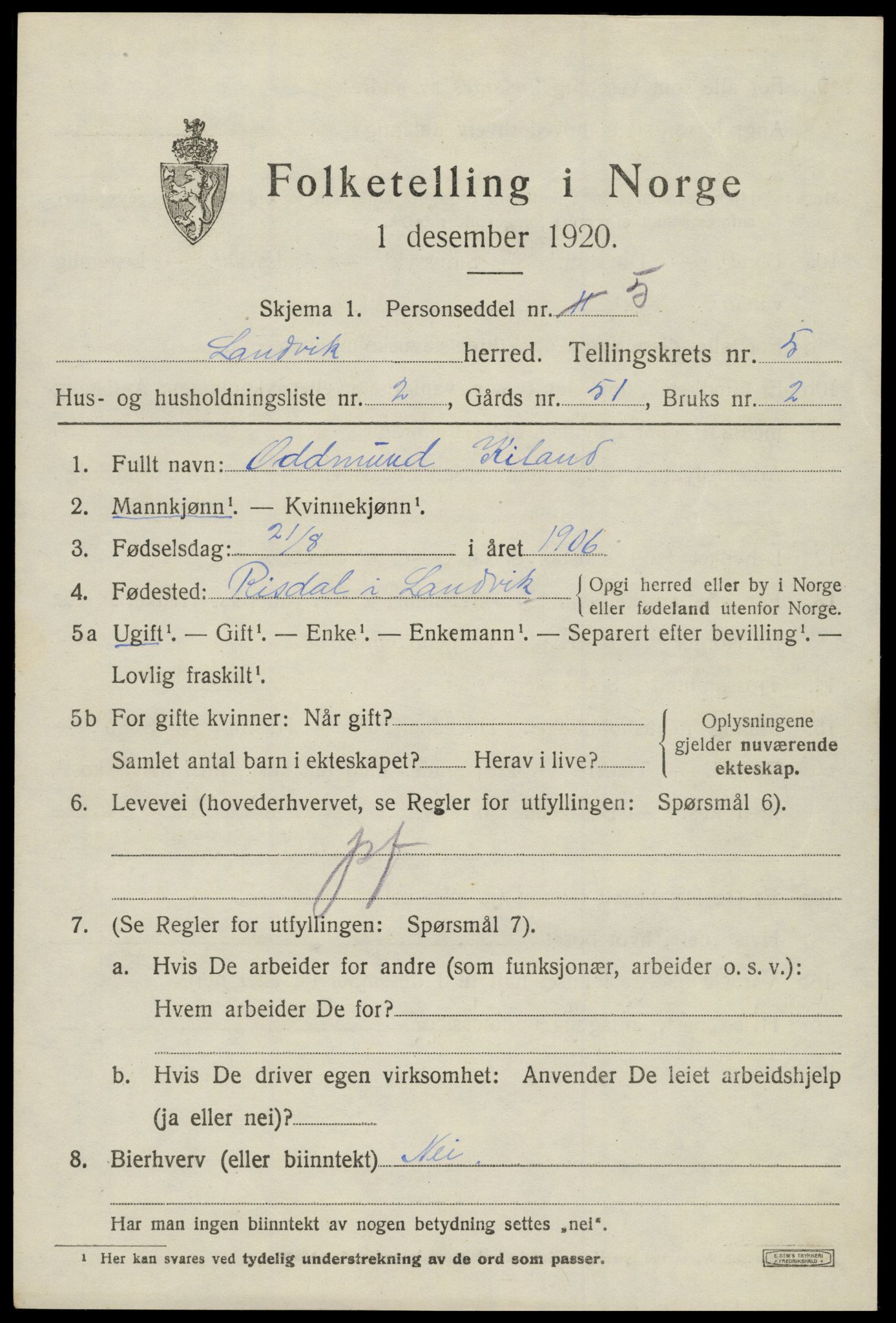 SAK, 1920 census for Landvik, 1920, p. 4028
