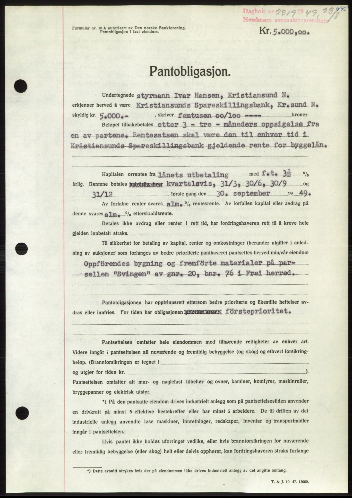 Nordmøre sorenskriveri, AV/SAT-A-4132/1/2/2Ca: Mortgage book no. B102, 1949-1949, Diary no: : 2319/1949