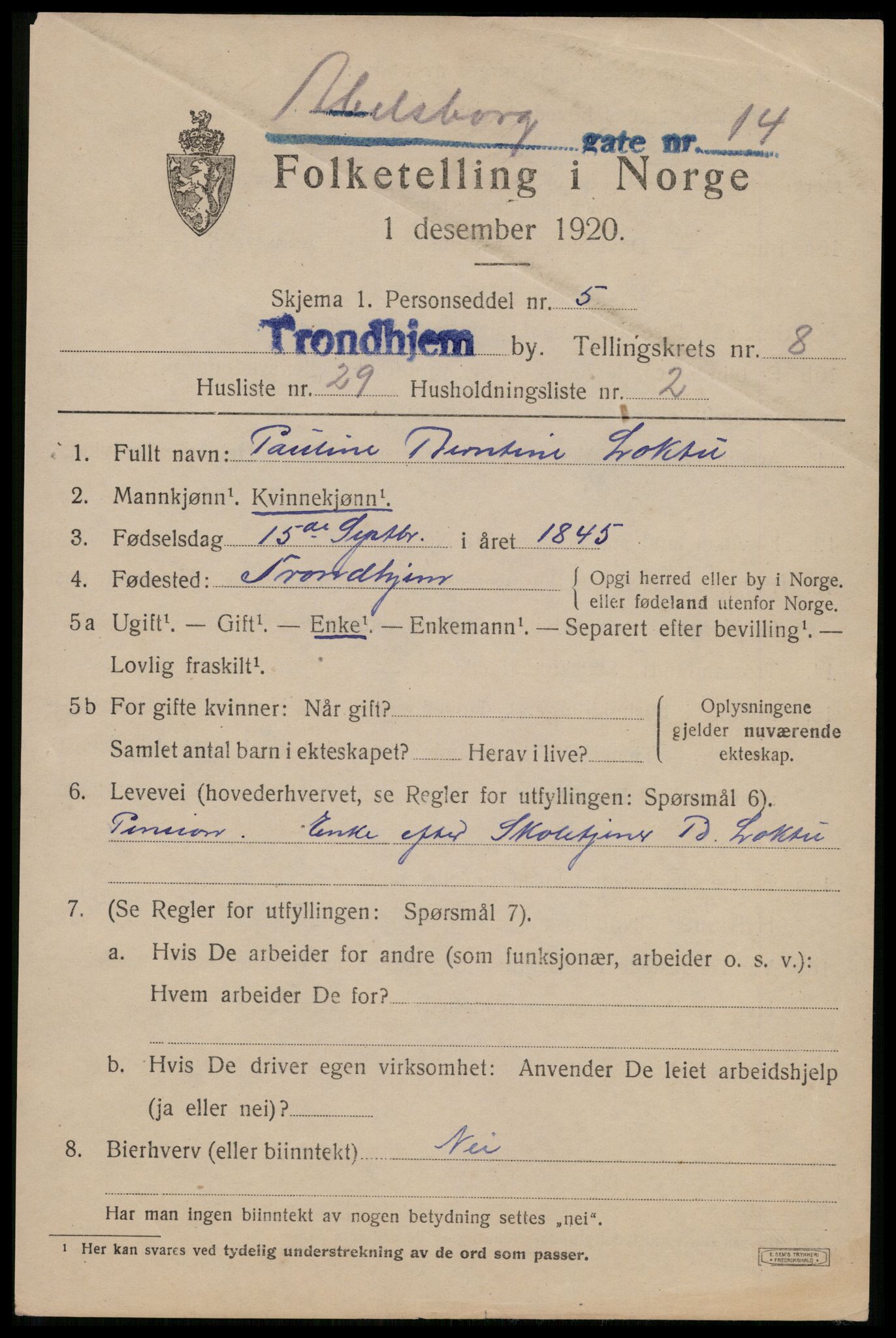 SAT, 1920 census for Trondheim, 1920, p. 43716