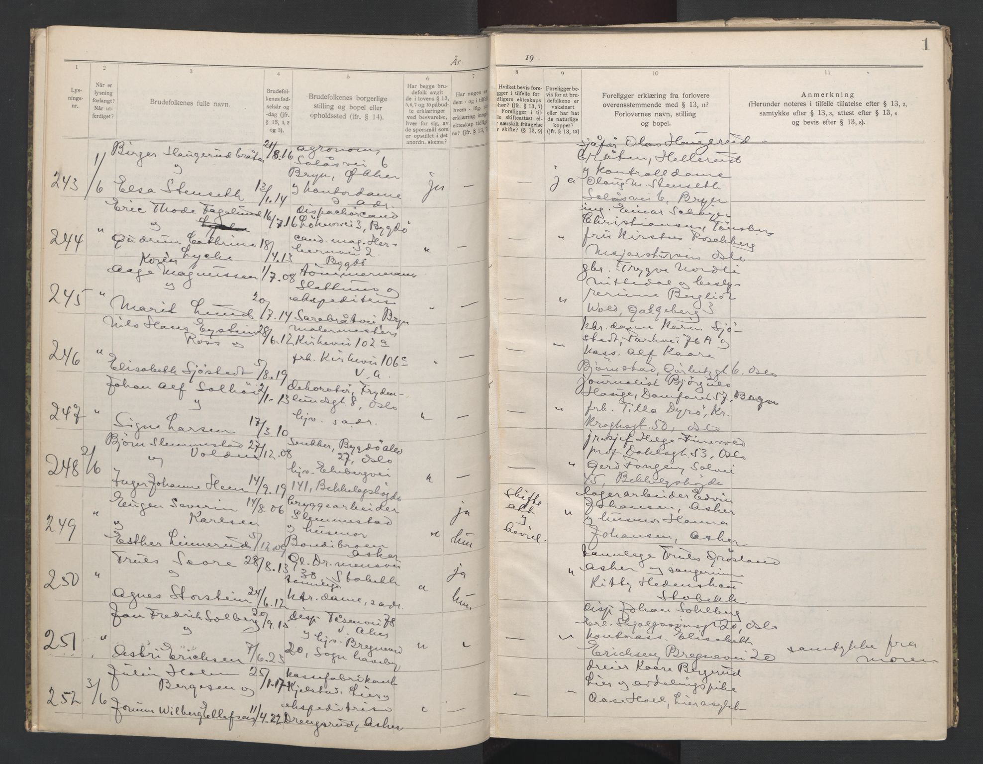 Aker sorenskriveri, AV/SAO-A-10895/L/Lb/L0002: Lysningsbok, 1942-1943, p. 1