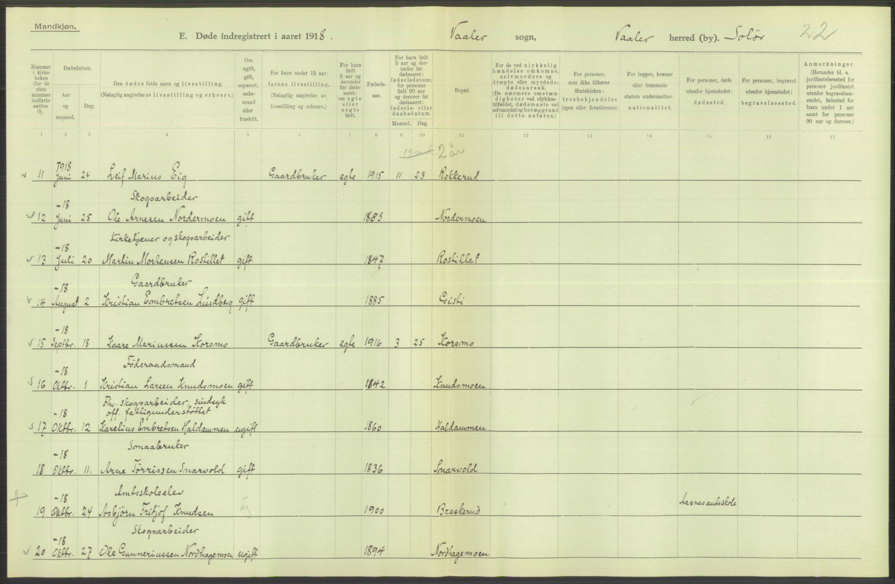 Statistisk sentralbyrå, Sosiodemografiske emner, Befolkning, AV/RA-S-2228/D/Df/Dfb/Dfbh/L0014: Hedemarkens fylke: Døde. Bygder og byer., 1918, p. 522