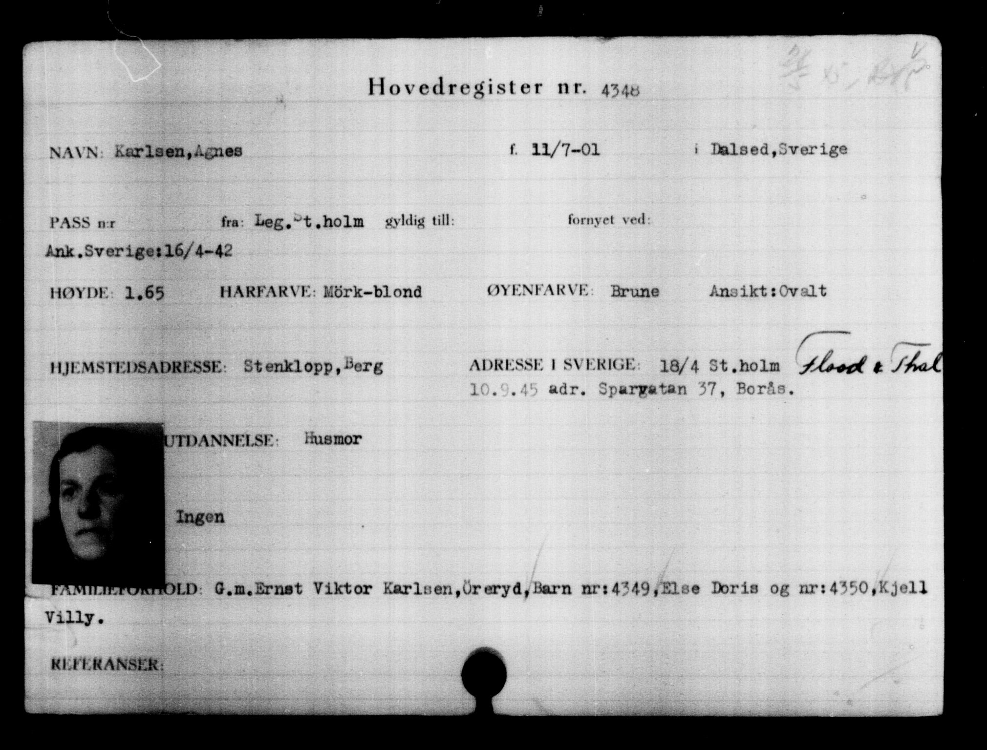 Utenriksstasjonene, Legasjonen i Stockholm, Flyktningkontoret, AV/RA-S-6753/V/Va/L0004: Kjesäterkartoteket, flyktninger med registreringsnr. 3496-6610, 1940-1945, p. 1032