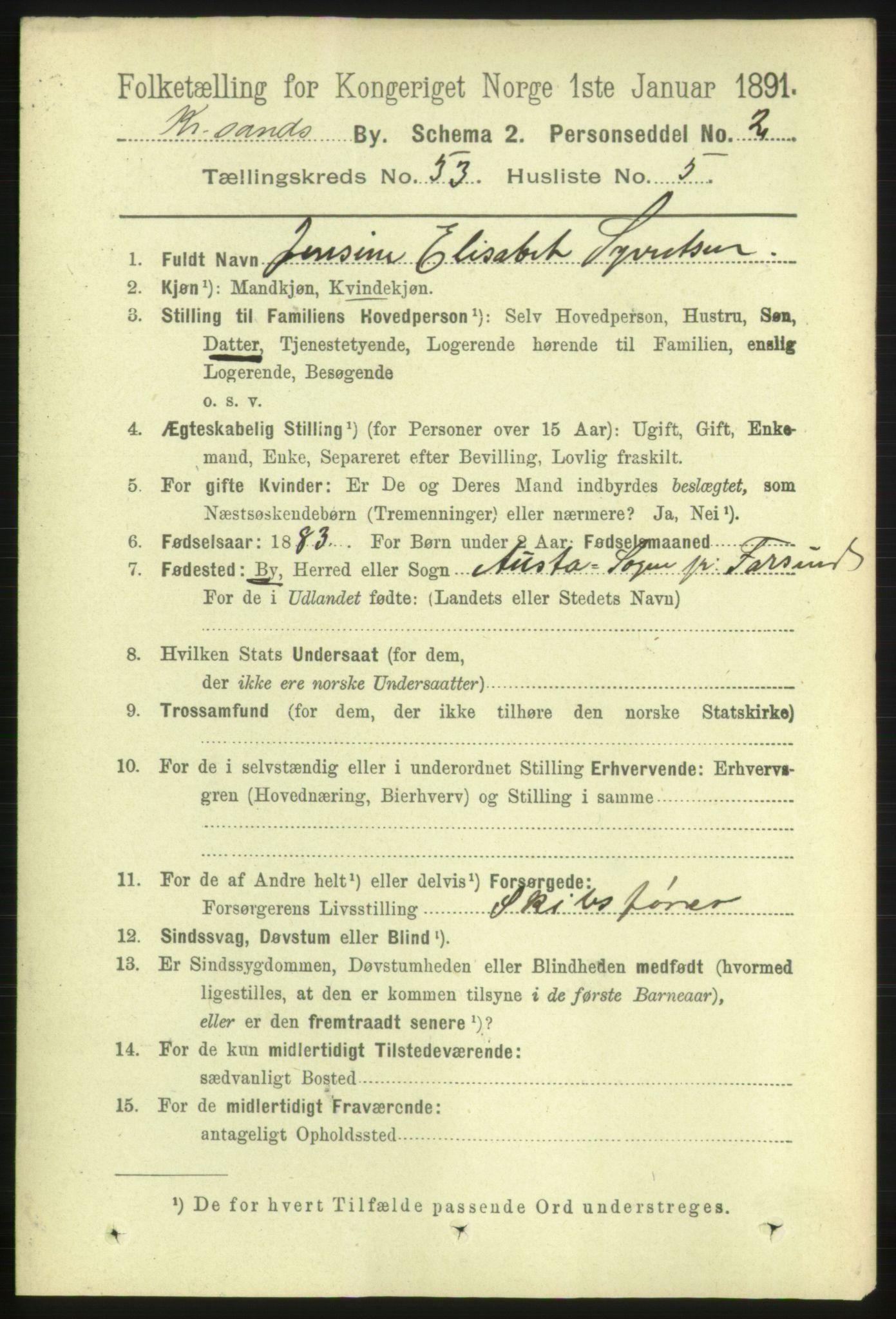 RA, 1891 census for 1001 Kristiansand, 1891, p. 15263