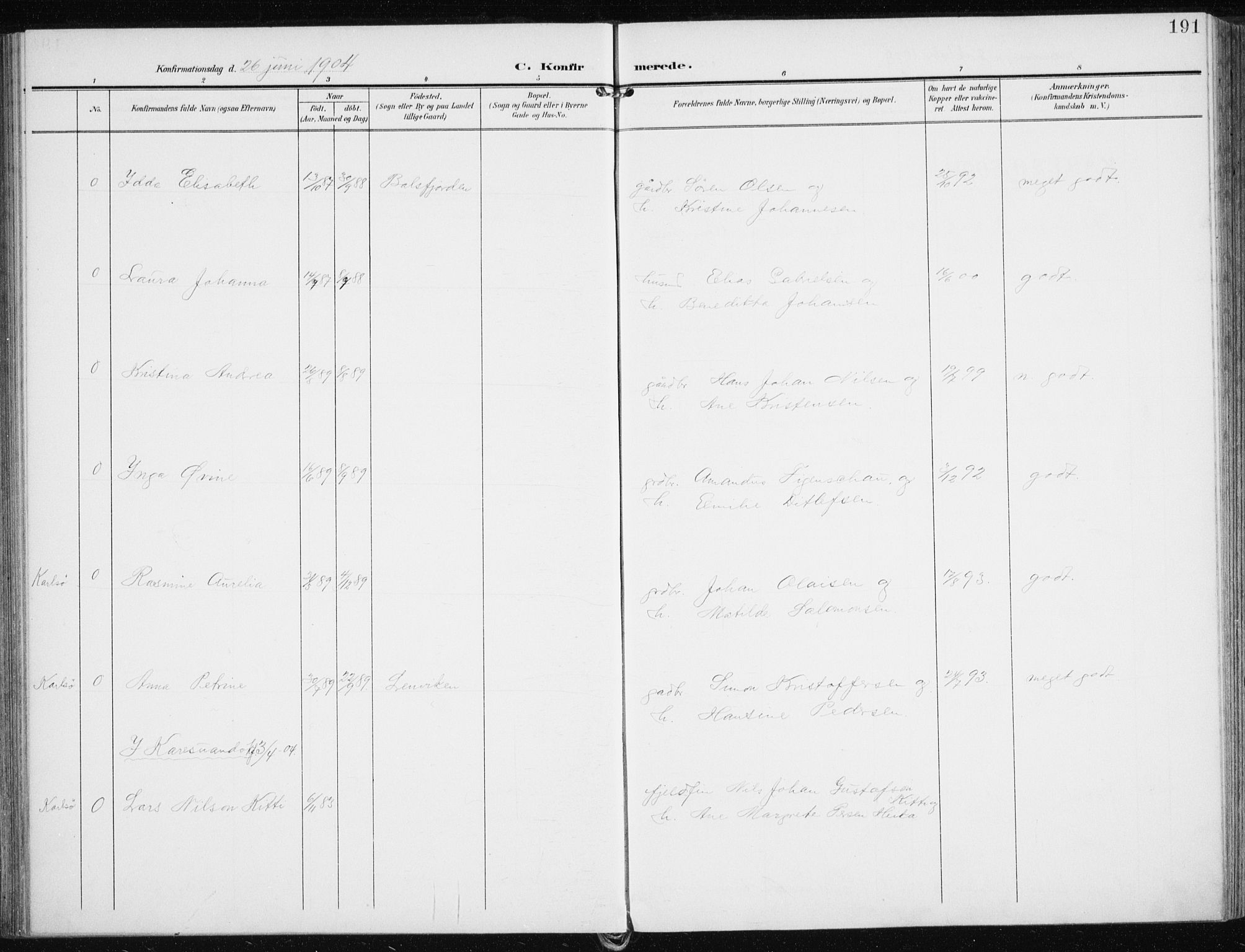 Karlsøy sokneprestembete, AV/SATØ-S-1299/H/Ha/Haa/L0014kirke: Parish register (official) no. 14, 1903-1917, p. 191