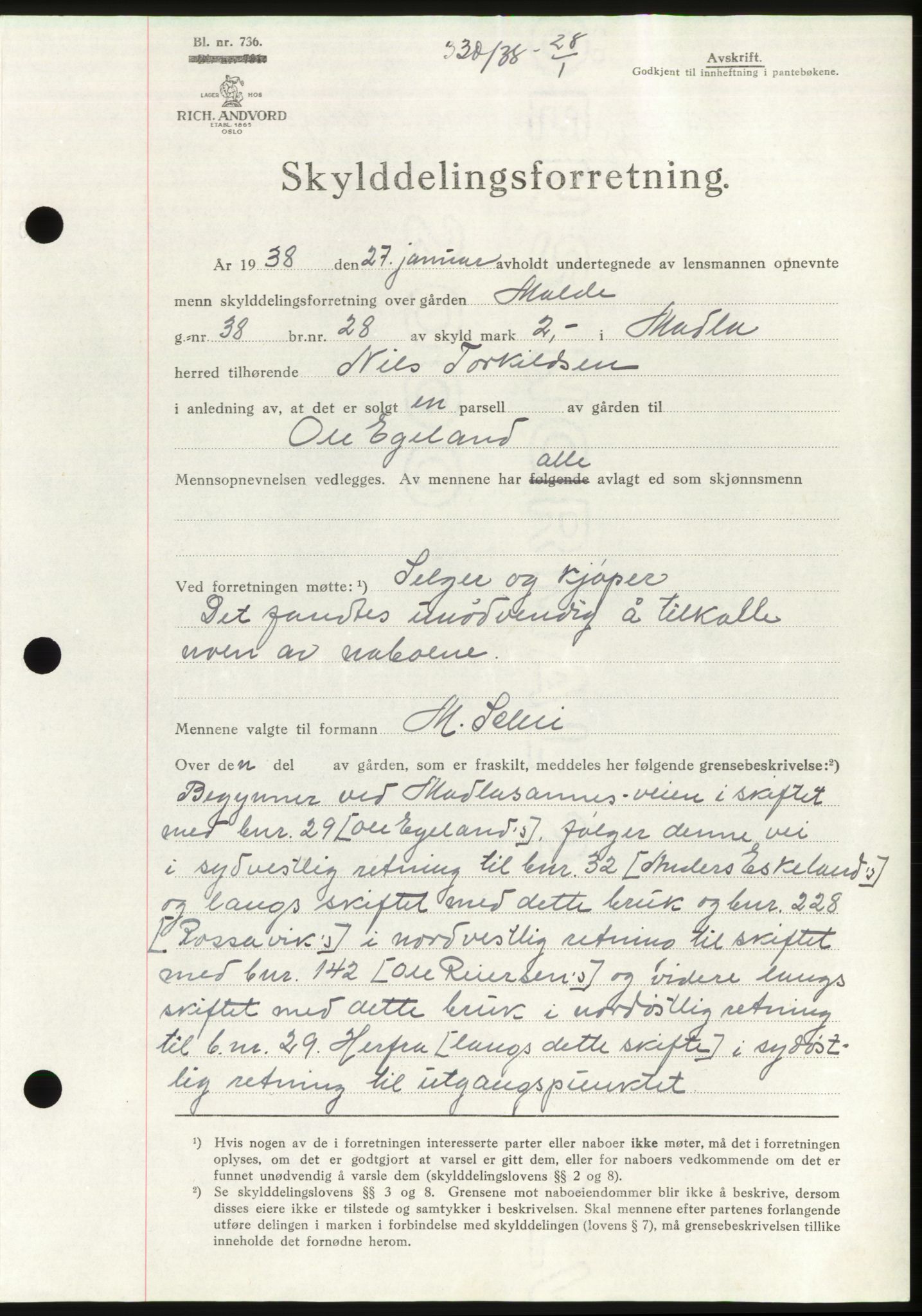 Jæren sorenskriveri, SAST/A-100310/03/G/Gba/L0070: Mortgage book, 1938-1938, Diary no: : 330/1938
