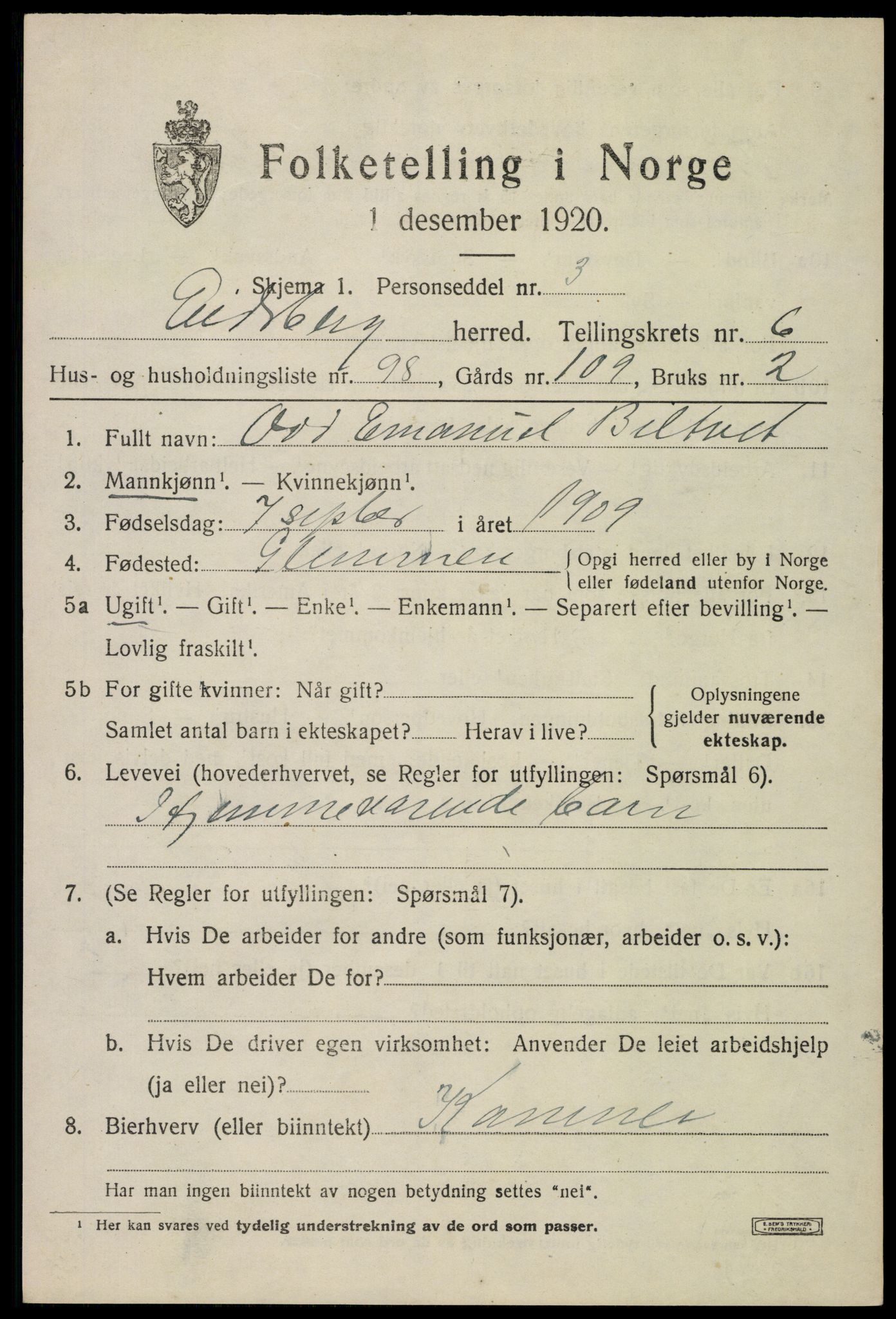 SAO, 1920 census for Eidsberg, 1920, p. 8511