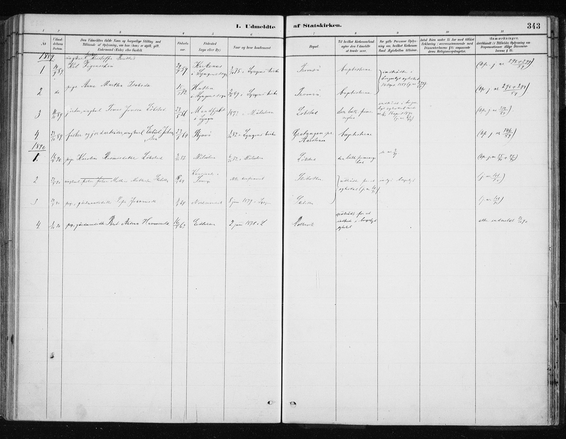 Lyngen sokneprestembete, SATØ/S-1289/H/He/Hea/L0007kirke: Parish register (official) no. 7, 1879-1890, p. 343