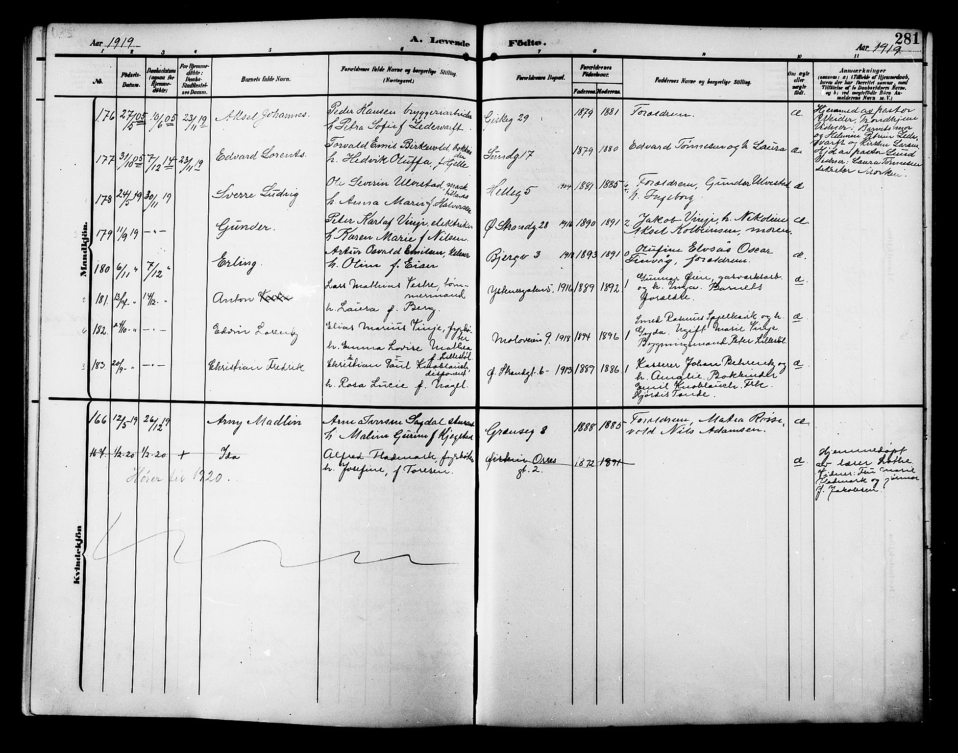 Ministerialprotokoller, klokkerbøker og fødselsregistre - Møre og Romsdal, AV/SAT-A-1454/529/L0471: Parish register (copy) no. 529C08, 1909-1921, p. 281