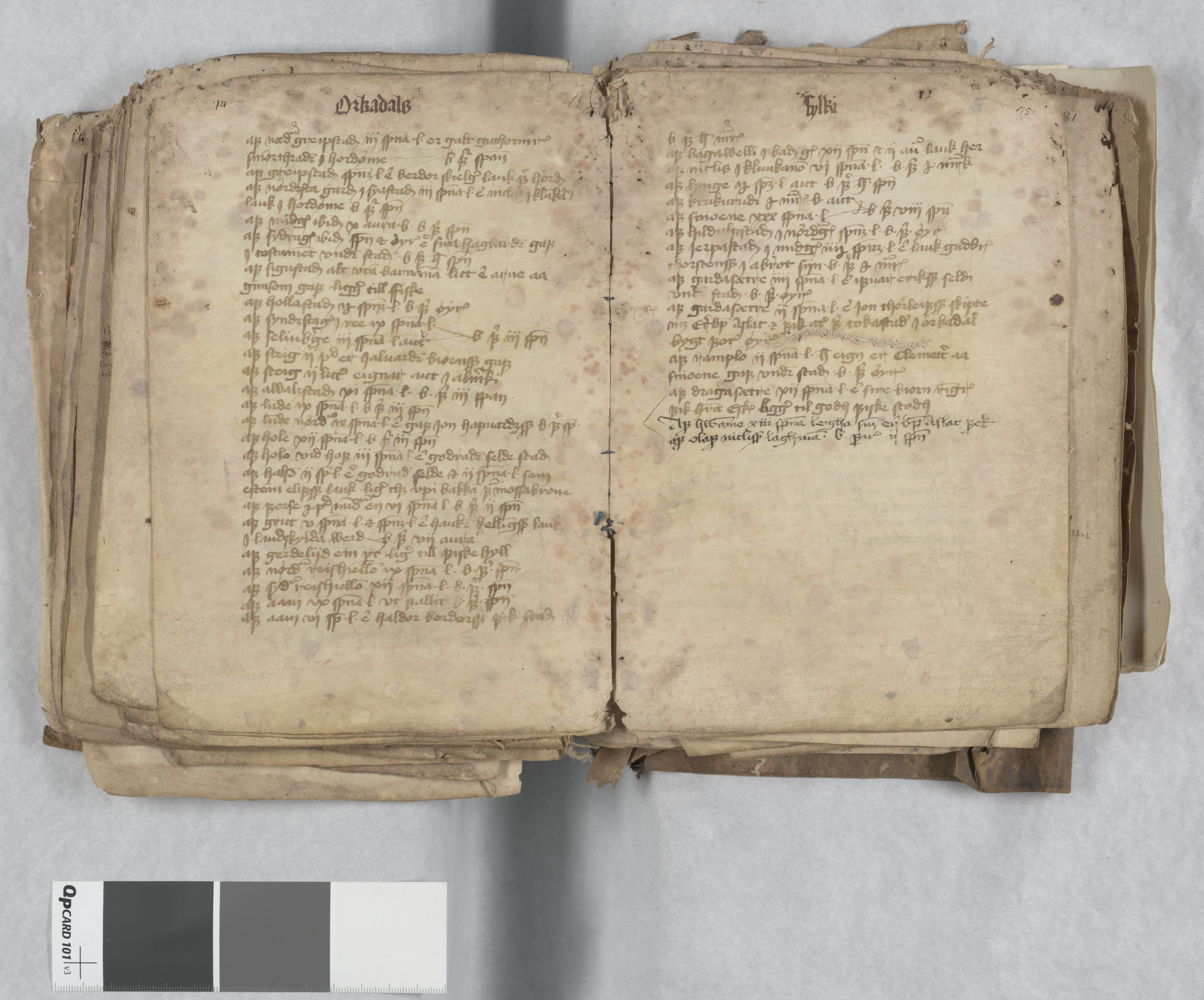 Riksarkivets diplomsamling, AV/RA-EA-5965/F13/F13c/L0001a/0001: NRA dipl. München papir, nr. 4292 Aslak Bolts jordebok. / 4292: Aslak Bolts jordebok, 1430-1439, p. 74-75